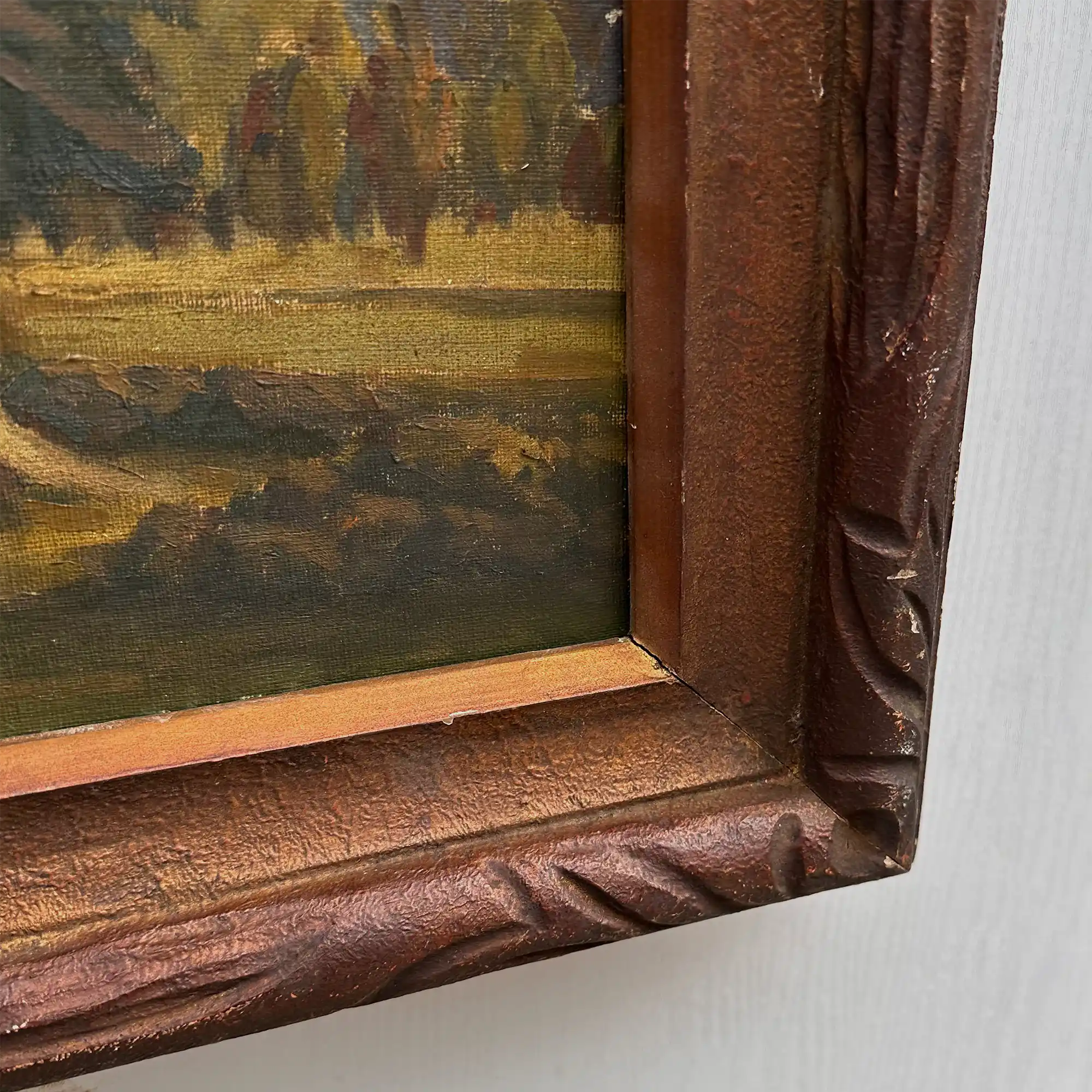 23.2 × 18.5in Original Vintage Landscape Oil Painting, Classical Countryside Scene with Rustic Wooden Frame - Vintage Oil Painting - Arden Gallery