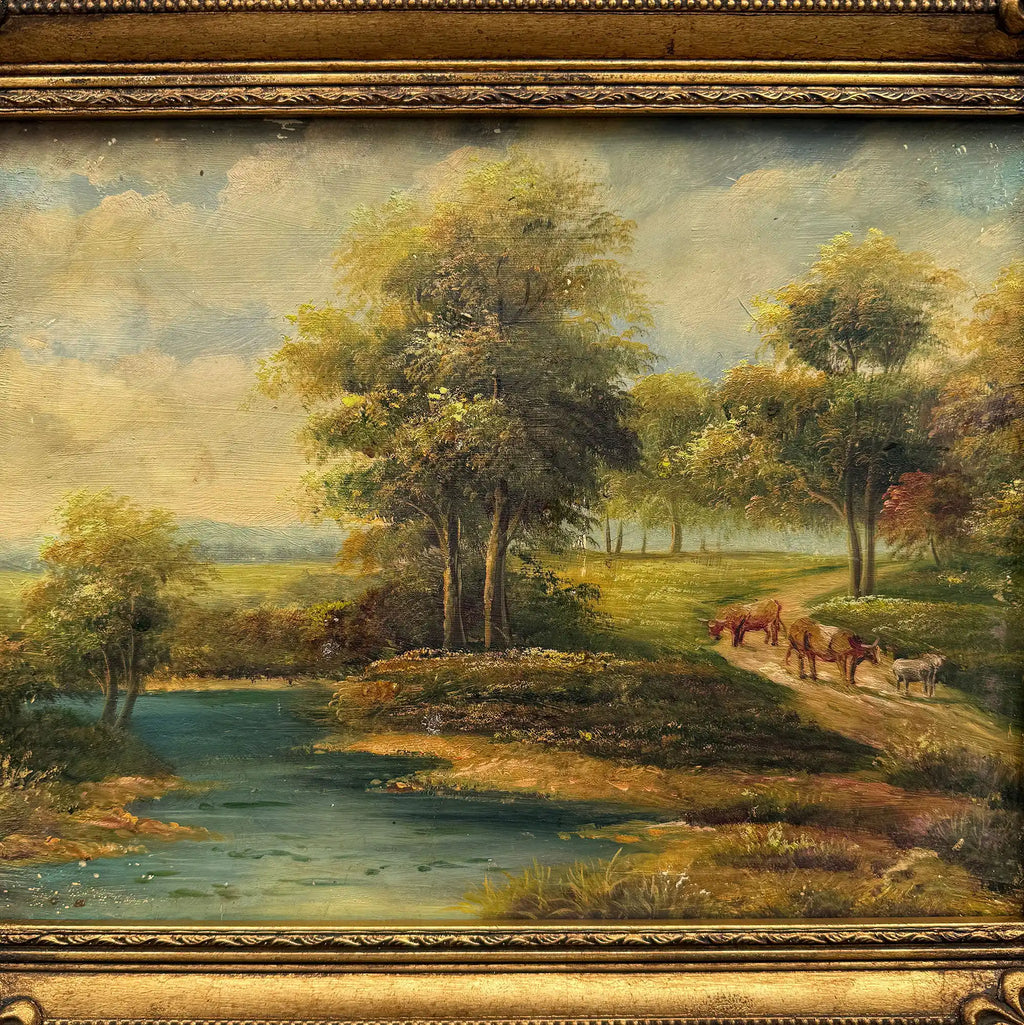 A Quiet Journey Through the Countryside | Original Vintage Oil Painting with Horses - Vintage Oil Painting - Arden Gallery