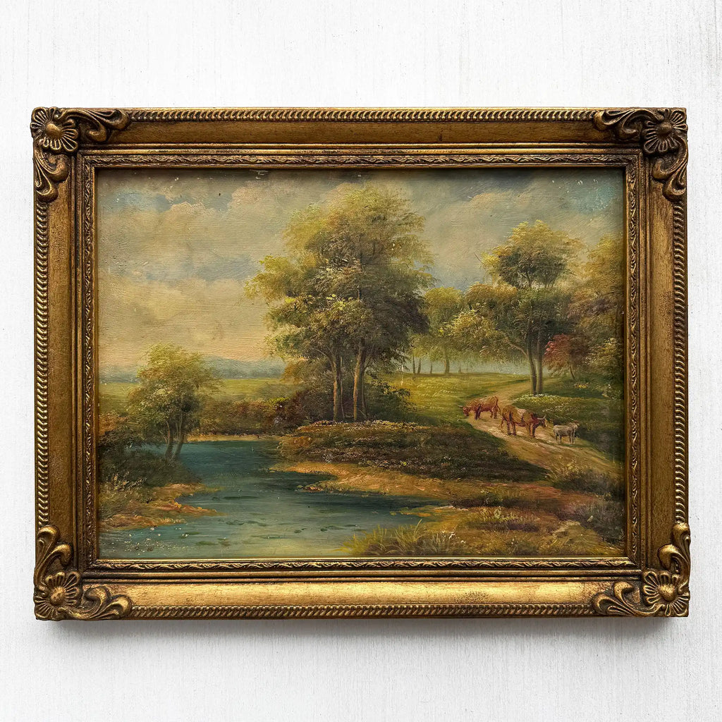 A Quiet Journey Through the Countryside | Original Vintage Oil Painting with Horses - Vintage Oil Painting - Arden Gallery
