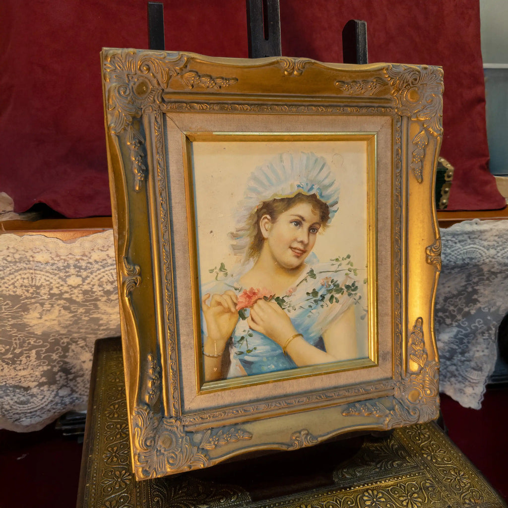 A classical lady portrait framed in an ornate gold frame  Romantic style wall art - 11×13 in - Vintage Oil Painting - Arden Gallery