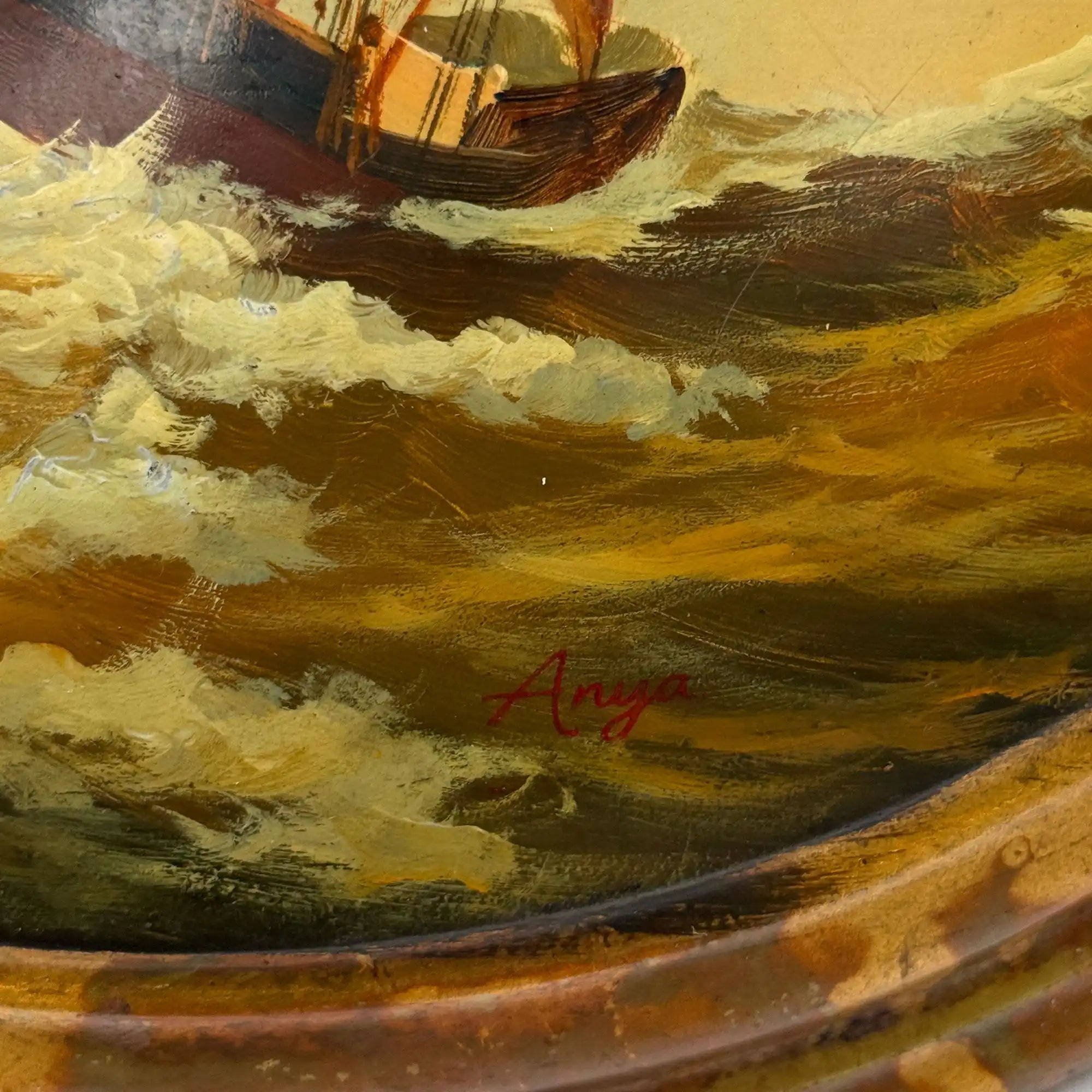 Against the Storm | Signed Vintage Maritime Oil Painting | Oval Frame | 11.0×13.0in - Vintage Oil Painting - Arden Gallery