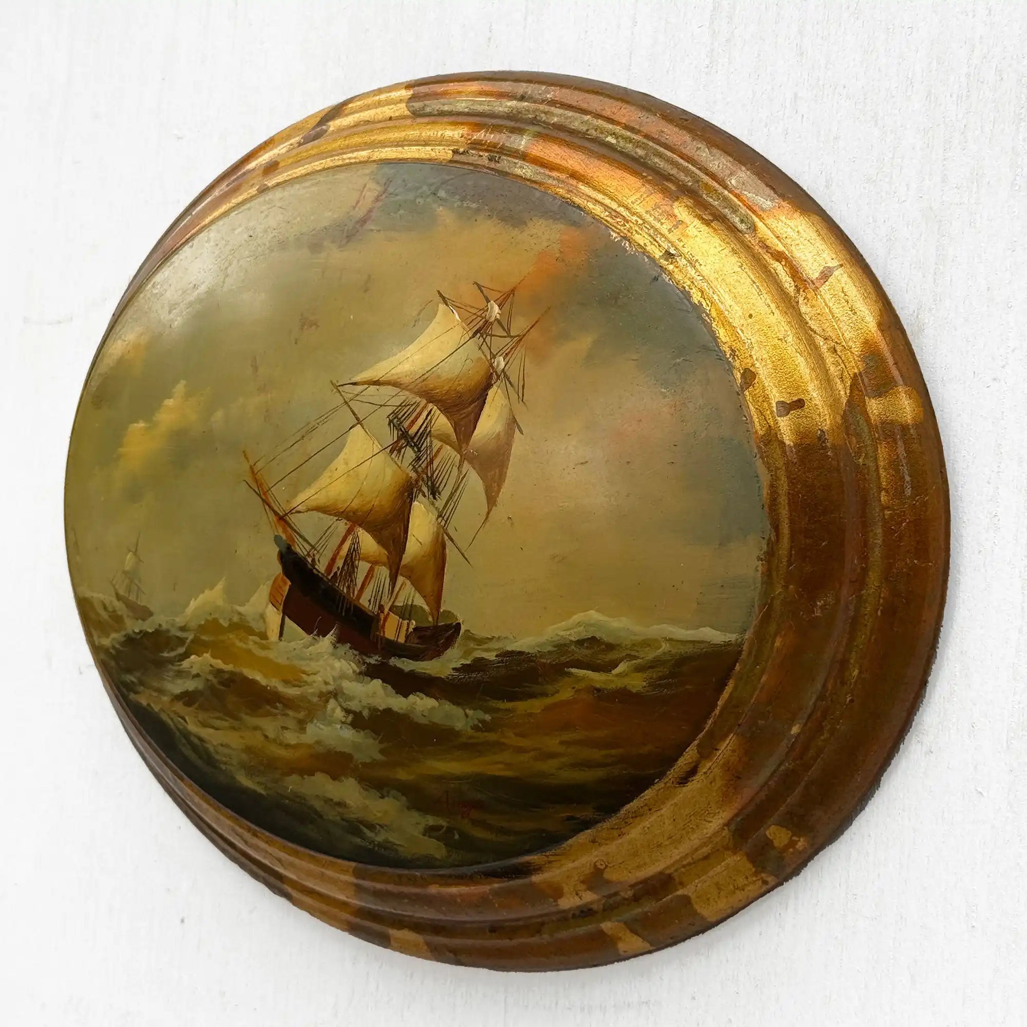 Against the Storm | Signed Vintage Maritime Oil Painting | Oval Frame | 11.0×13.0in - Vintage Oil Painting - Arden Gallery