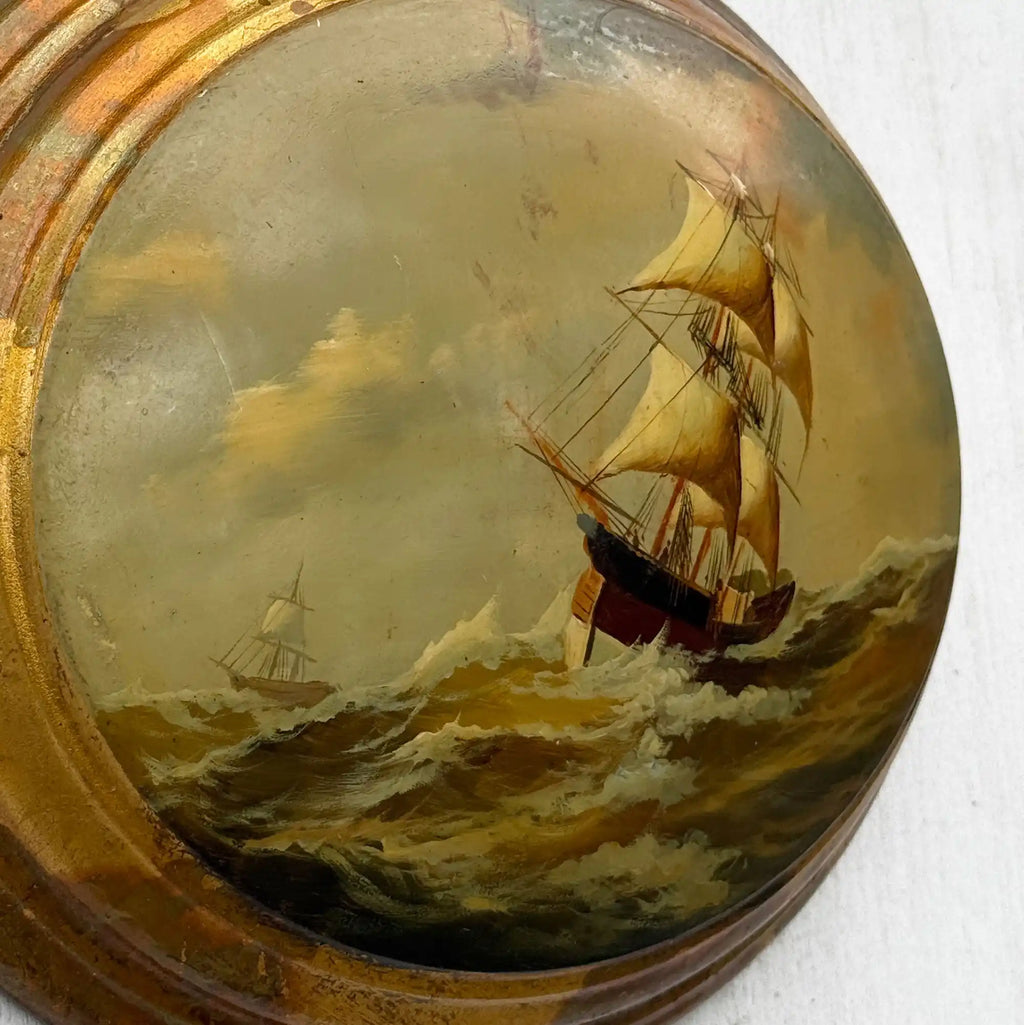 Against the Storm | Signed Vintage Maritime Oil Painting | Oval Frame | 11.0×13.0in - Vintage Oil Painting - Arden Gallery