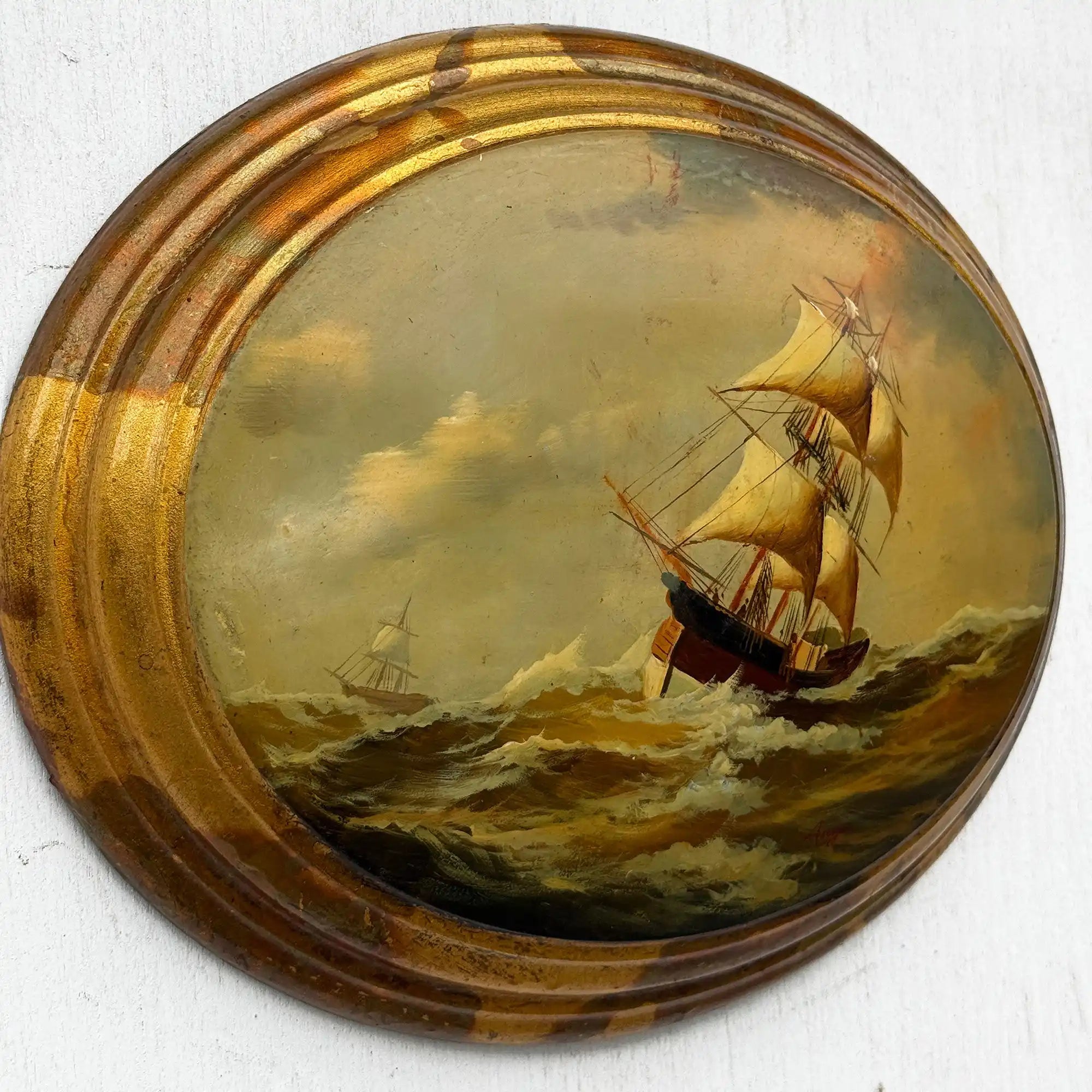 Against the Storm | Signed Vintage Maritime Oil Painting | Oval Frame | 11.0×13.0in - Vintage Oil Painting - Arden Gallery