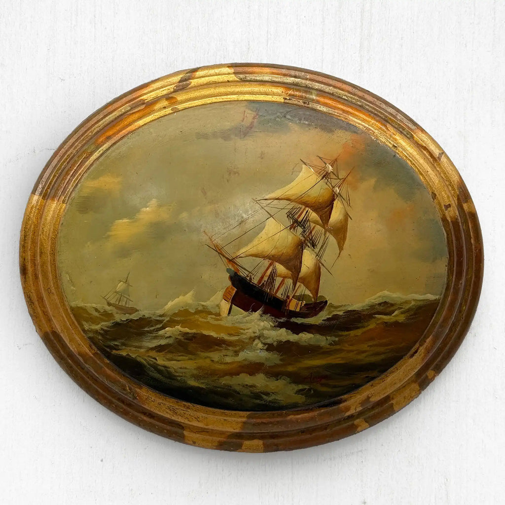 Against the Storm | Signed Vintage Maritime Oil Painting | Oval Frame | 11.0×13.0in - Vintage Oil Painting - Arden Gallery