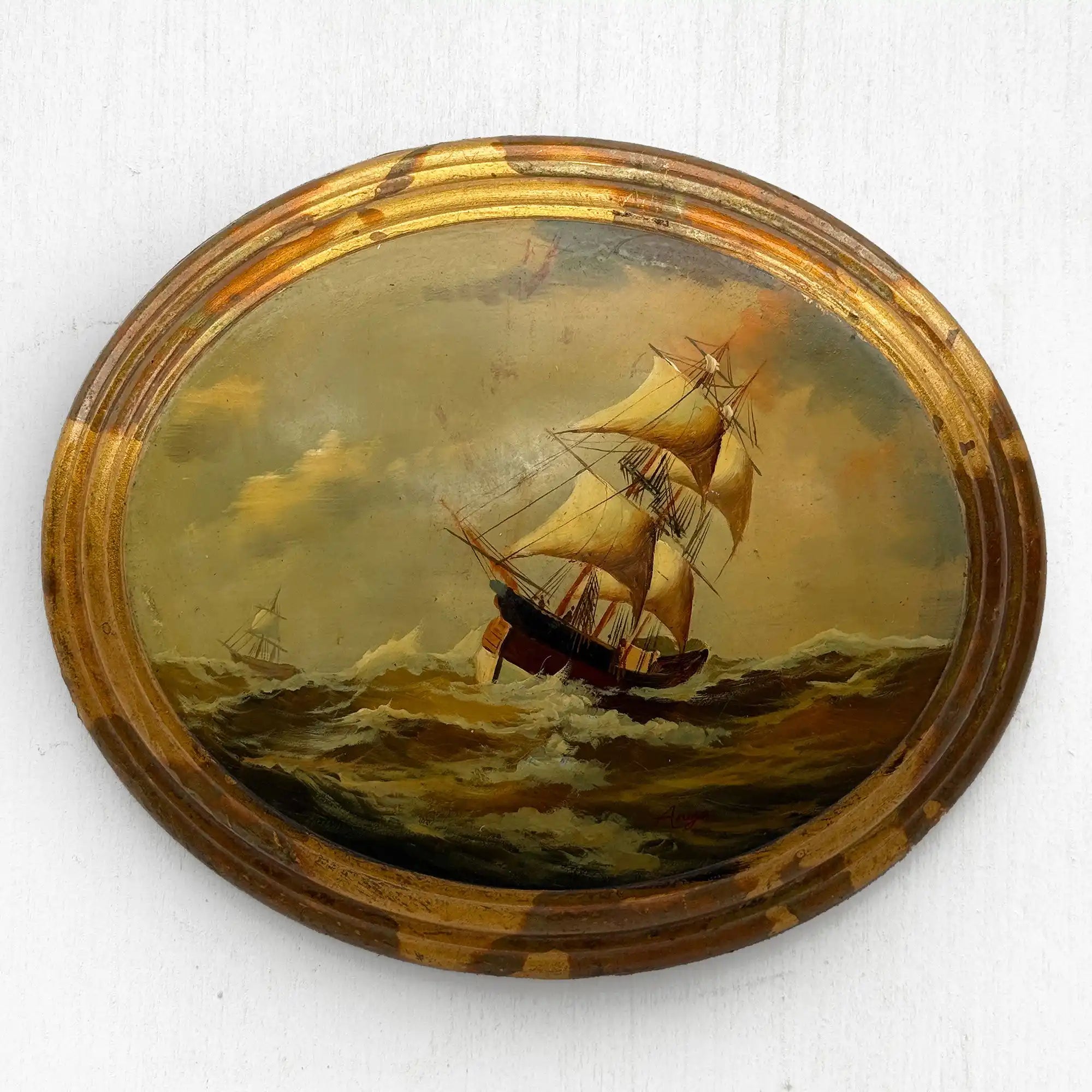 Against the Storm | Signed Vintage Maritime Oil Painting | Oval Frame | 11.0×13.0in - Vintage Oil Painting - Arden Gallery