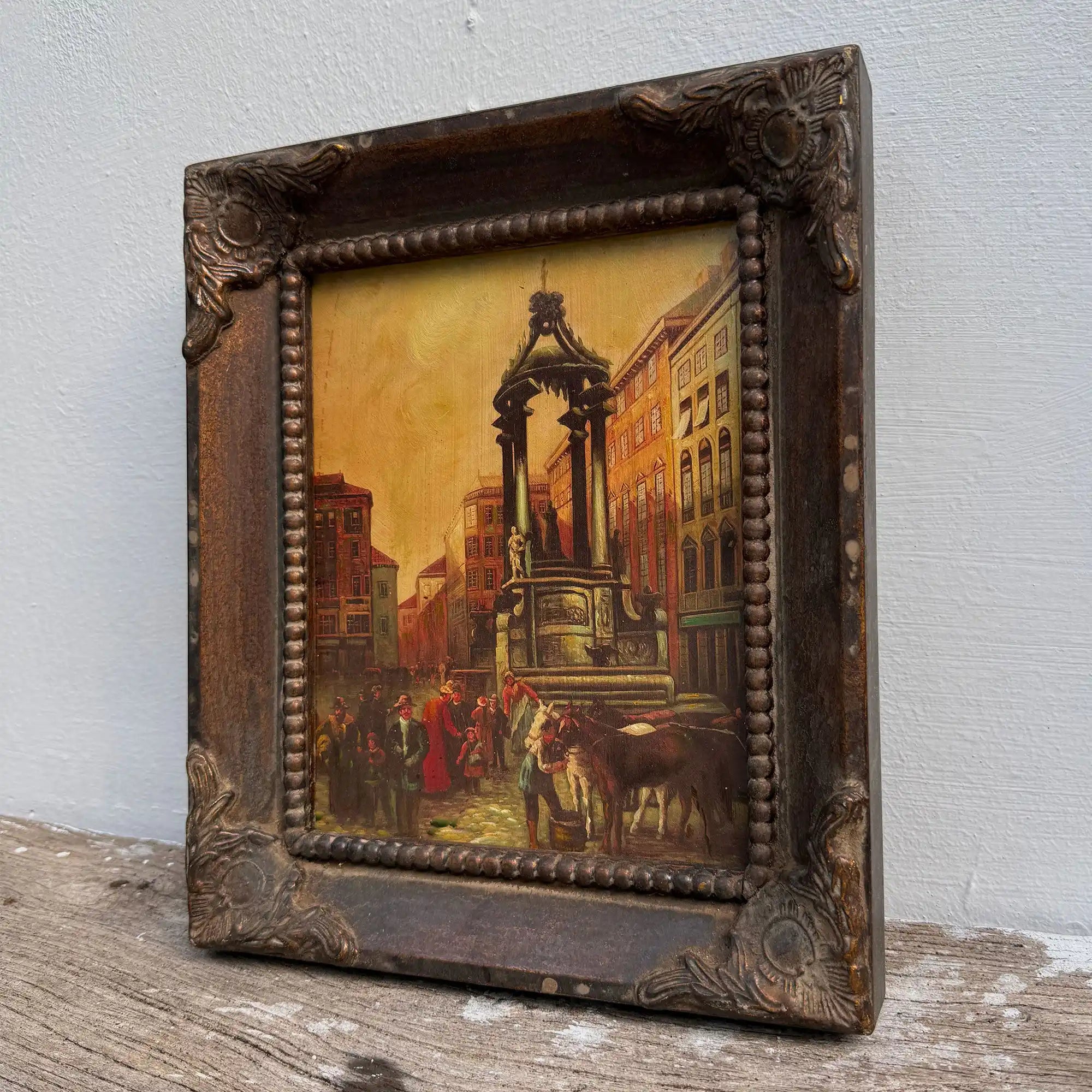 At the Market Square | Vintage European Street Scene Oil Painting | Ornate Frame | 11.0×13.0in - Vintage Oil Painting - Arden Gallery