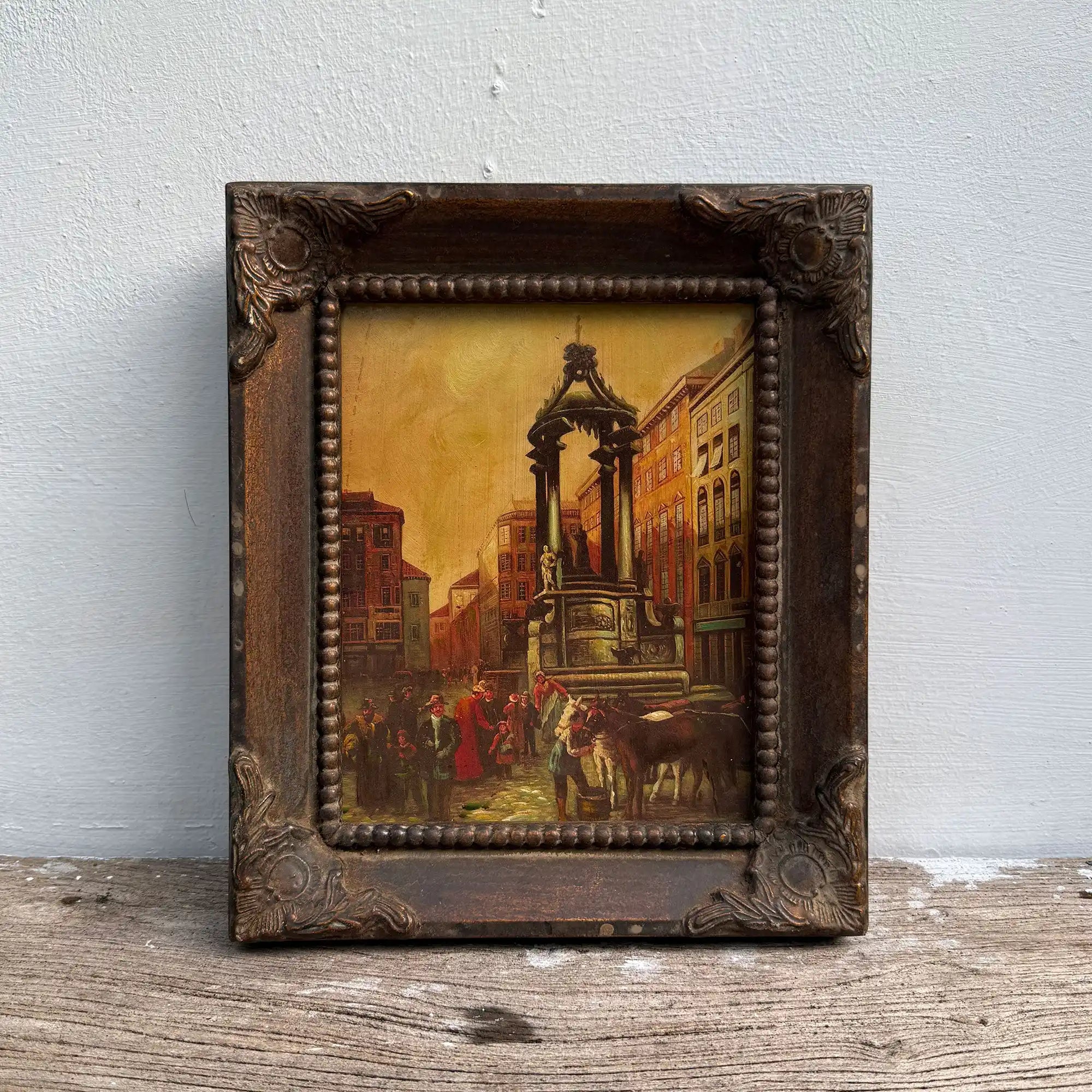At the Market Square | Vintage European Street Scene Oil Painting | Ornate Frame | 11.0×13.0in - Vintage Oil Painting - Arden Gallery