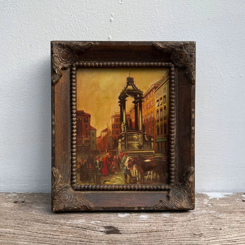 At the Market Square | Vintage European Street Scene Oil Painting | Ornate Frame | 11.0×13.0in - Vintage Oil Painting - Arden Gallery