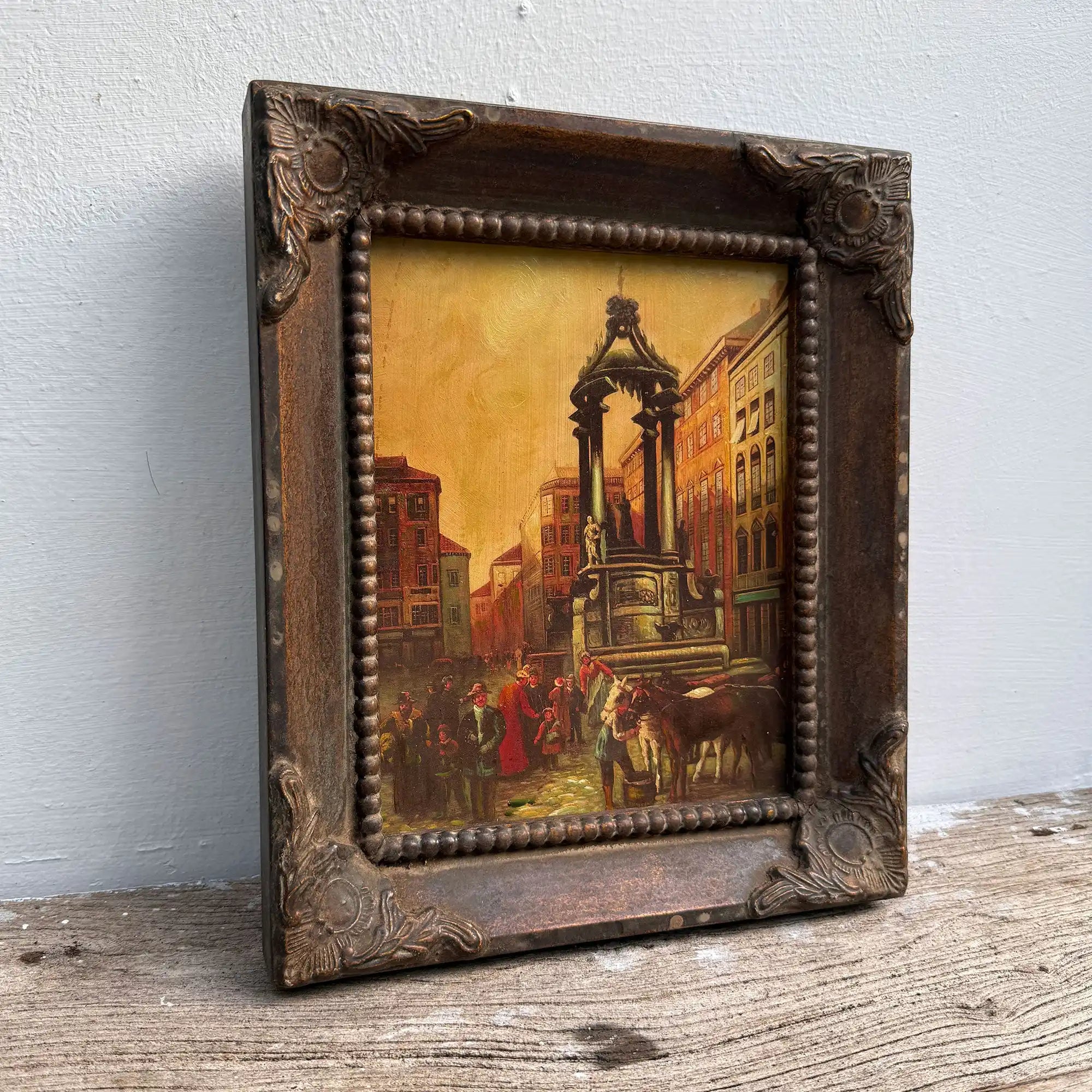 At the Market Square | Vintage European Street Scene Oil Painting | Ornate Frame | 11.0×13.0in - Vintage Oil Painting - Arden Gallery
