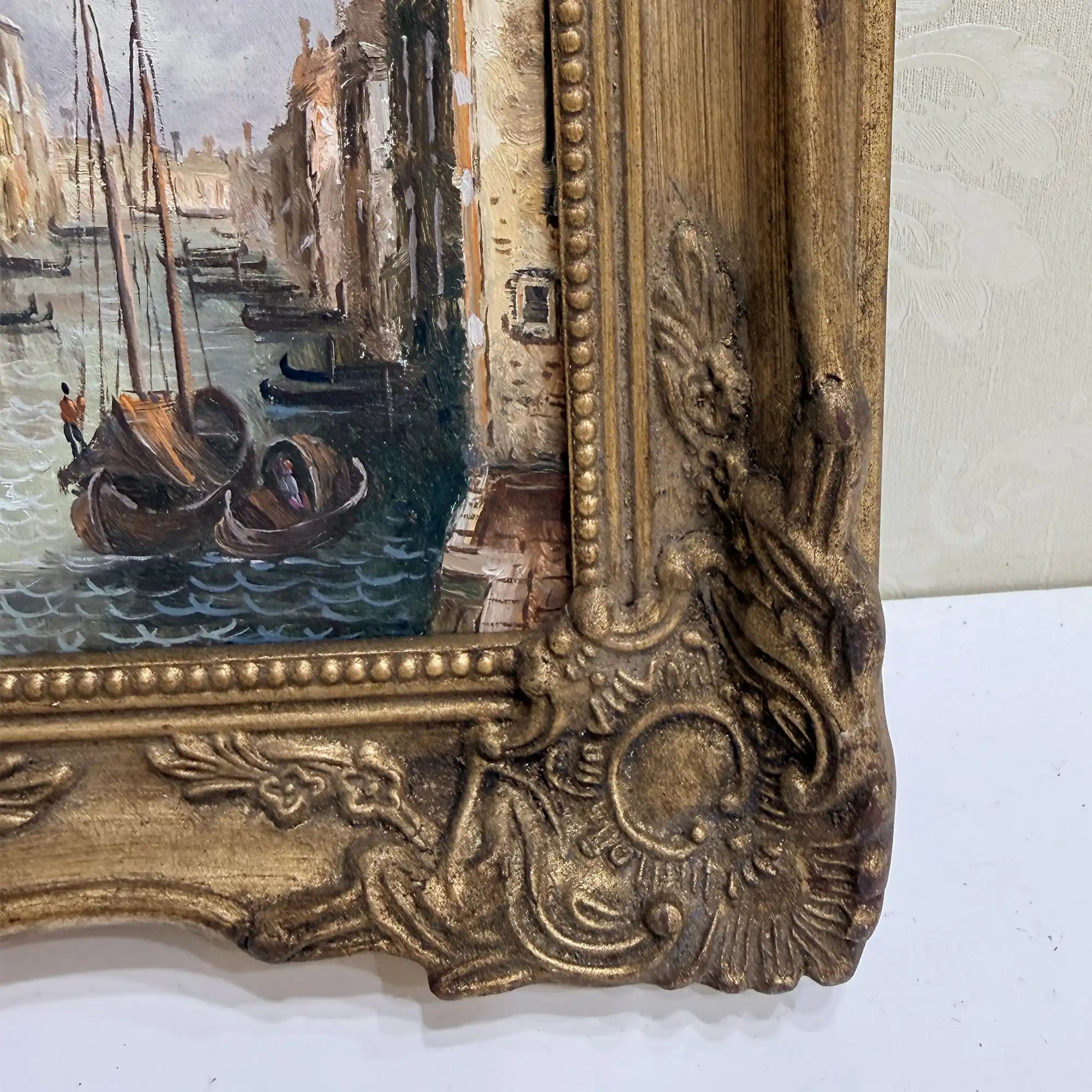 Boats on a Venetian Canal Oil Painting | Gondolas & Historic Buildings | Gold Gesso Frame | circa 1985 | 7.9×9.8in - Vintage Oil Painting - Arden Gallery