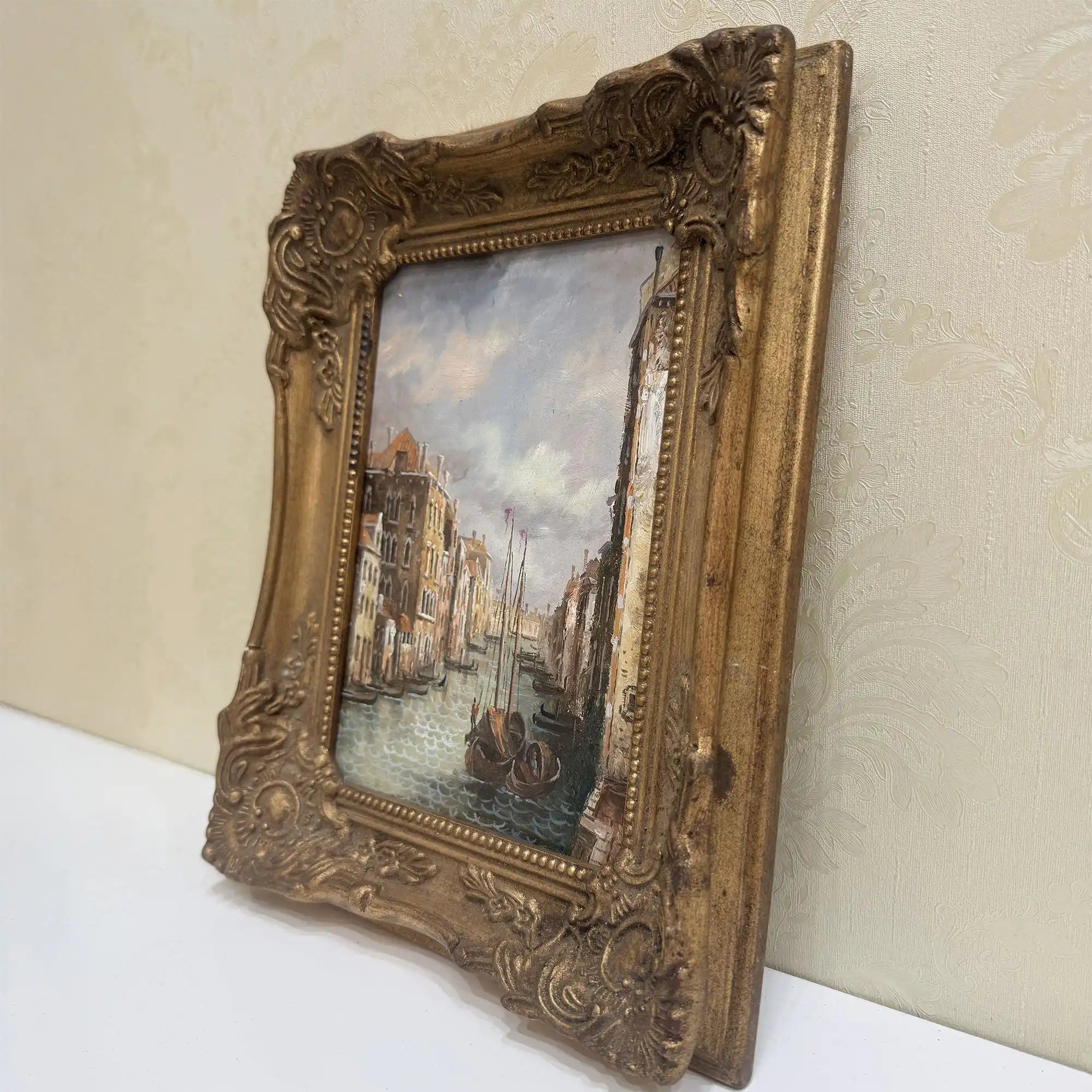 Boats on a Venetian Canal Oil Painting | Gondolas & Historic Buildings | Gold Gesso Frame | circa 1985 | 7.9×9.8in - Vintage Oil Painting - Arden Gallery