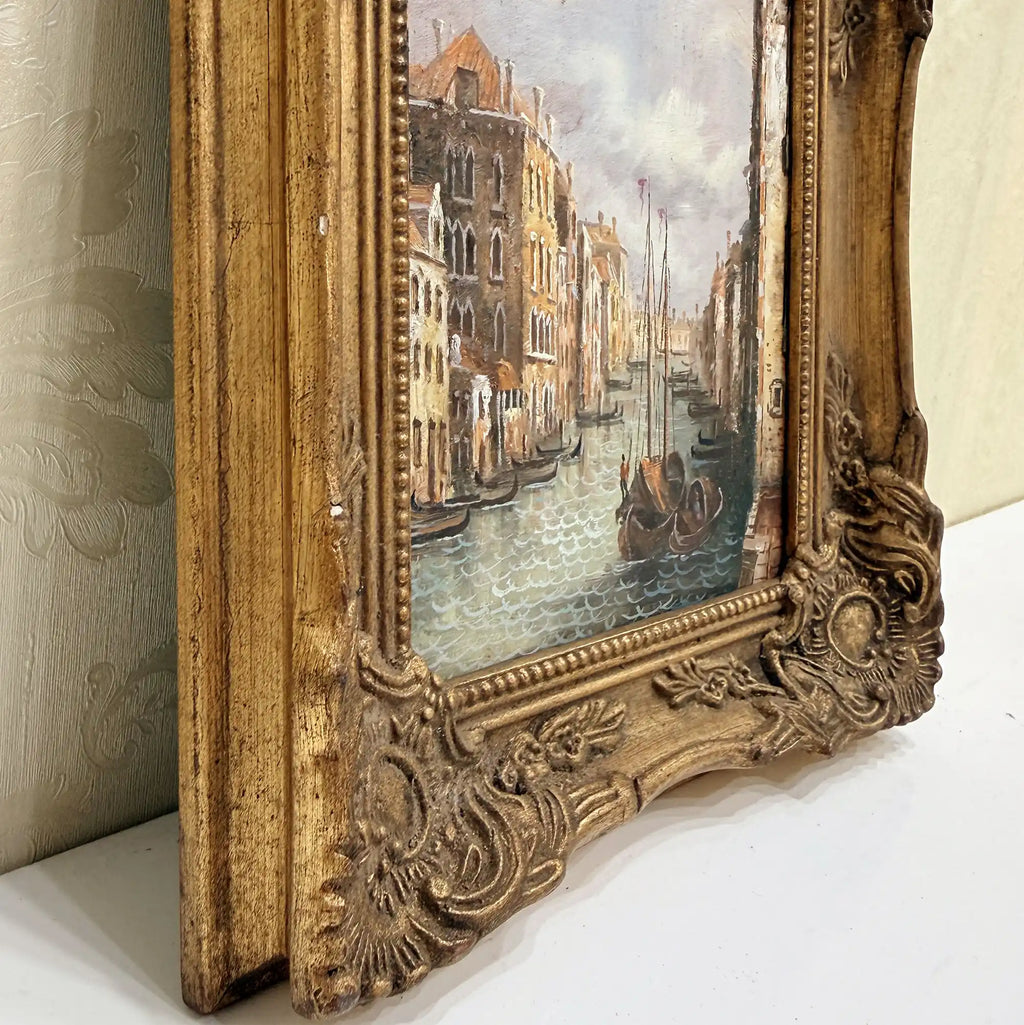 Boats on a Venetian Canal Oil Painting | Gondolas & Historic Buildings | Gold Gesso Frame | circa 1985 | 7.9×9.8in - Vintage Oil Painting - Arden Gallery