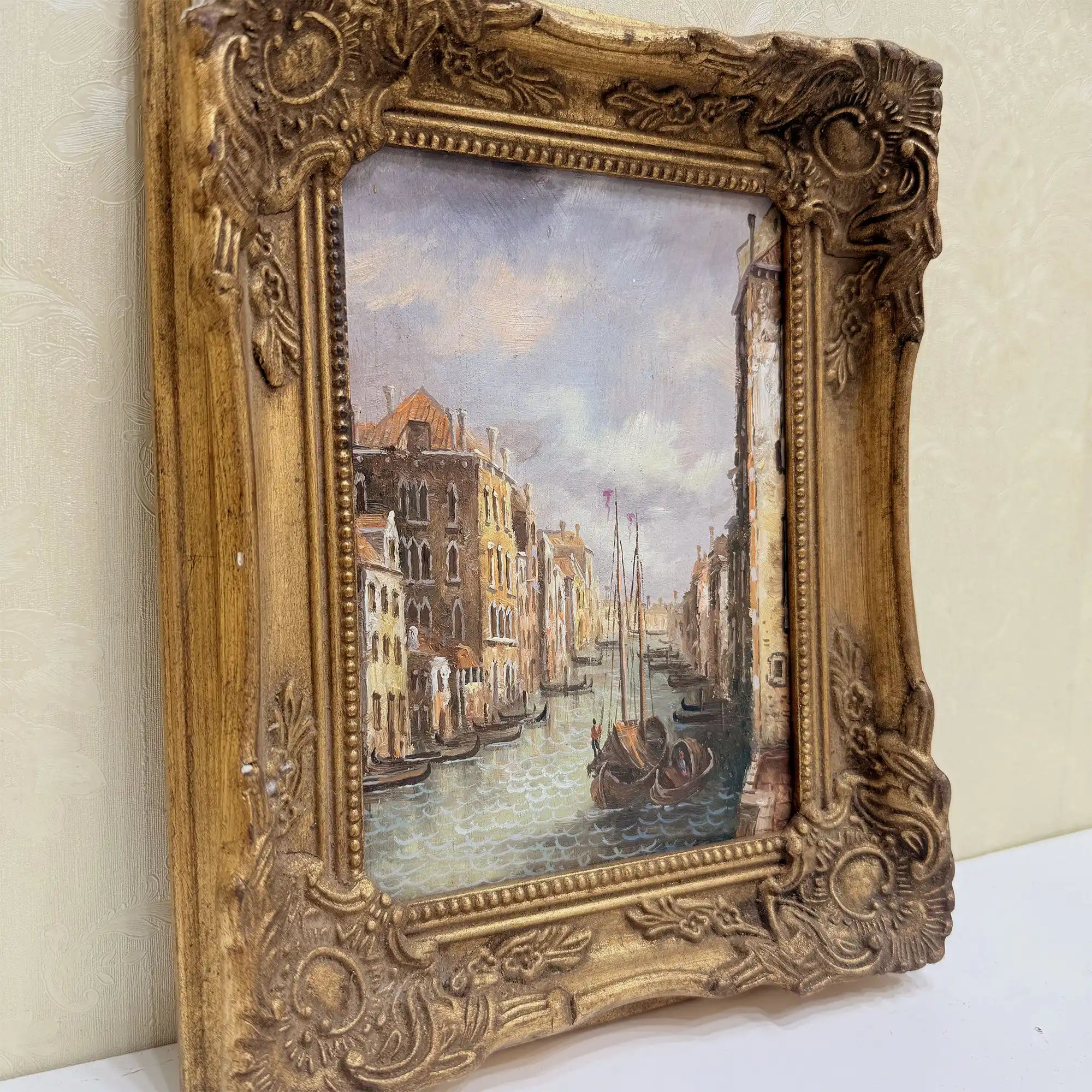 Boats on a Venetian Canal Oil Painting | Gondolas & Historic Buildings | Gold Gesso Frame | circa 1985 | 7.9×9.8in - Vintage Oil Painting - Arden Gallery