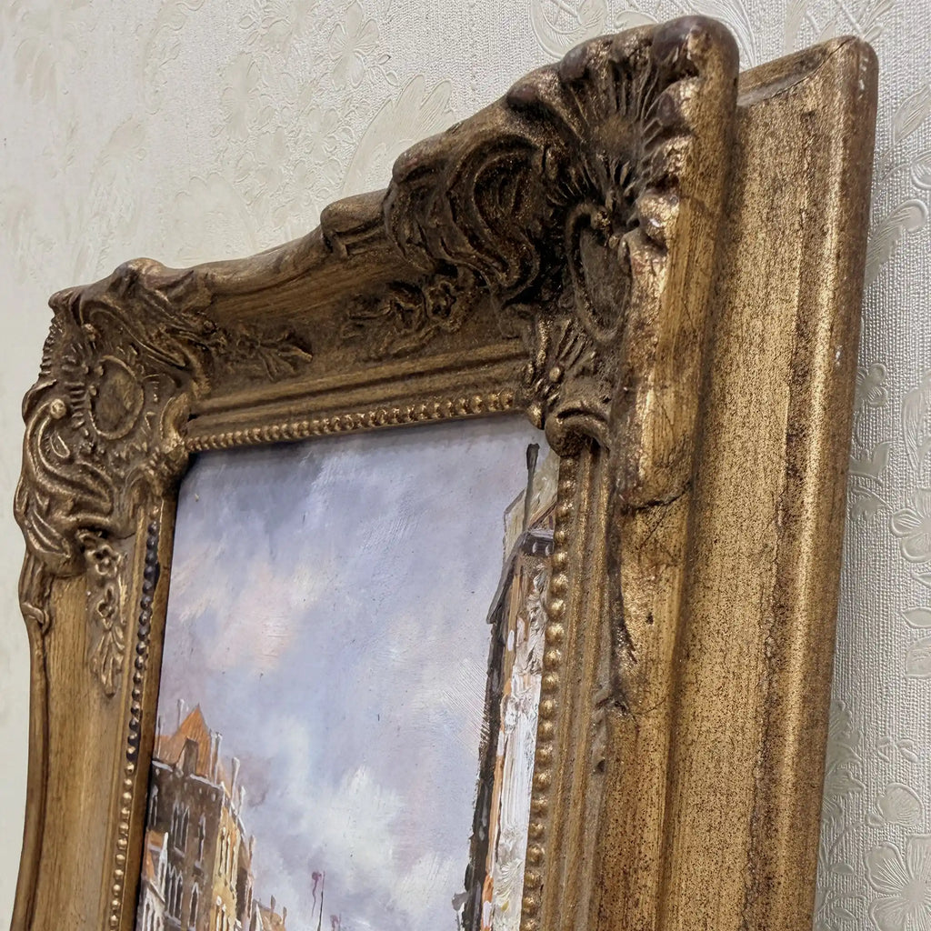 Boats on a Venetian Canal Oil Painting | Gondolas & Historic Buildings | Gold Gesso Frame | circa 1985 | 7.9×9.8in - Vintage Oil Painting - Arden Gallery