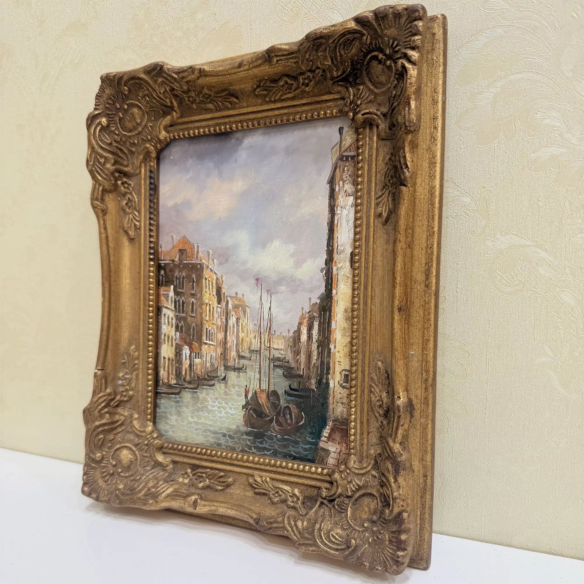 Boats on a Venetian Canal Oil Painting | Gondolas & Historic Buildings | Gold Gesso Frame | circa 1985 | 7.9×9.8in - Vintage Oil Painting - Arden Gallery