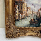 Boats on a Venetian Canal Oil Painting | Gondolas & Historic Buildings | Gold Gesso Frame | circa 1985 | 7.9×9.8in - Vintage Oil Painting - Arden Gallery