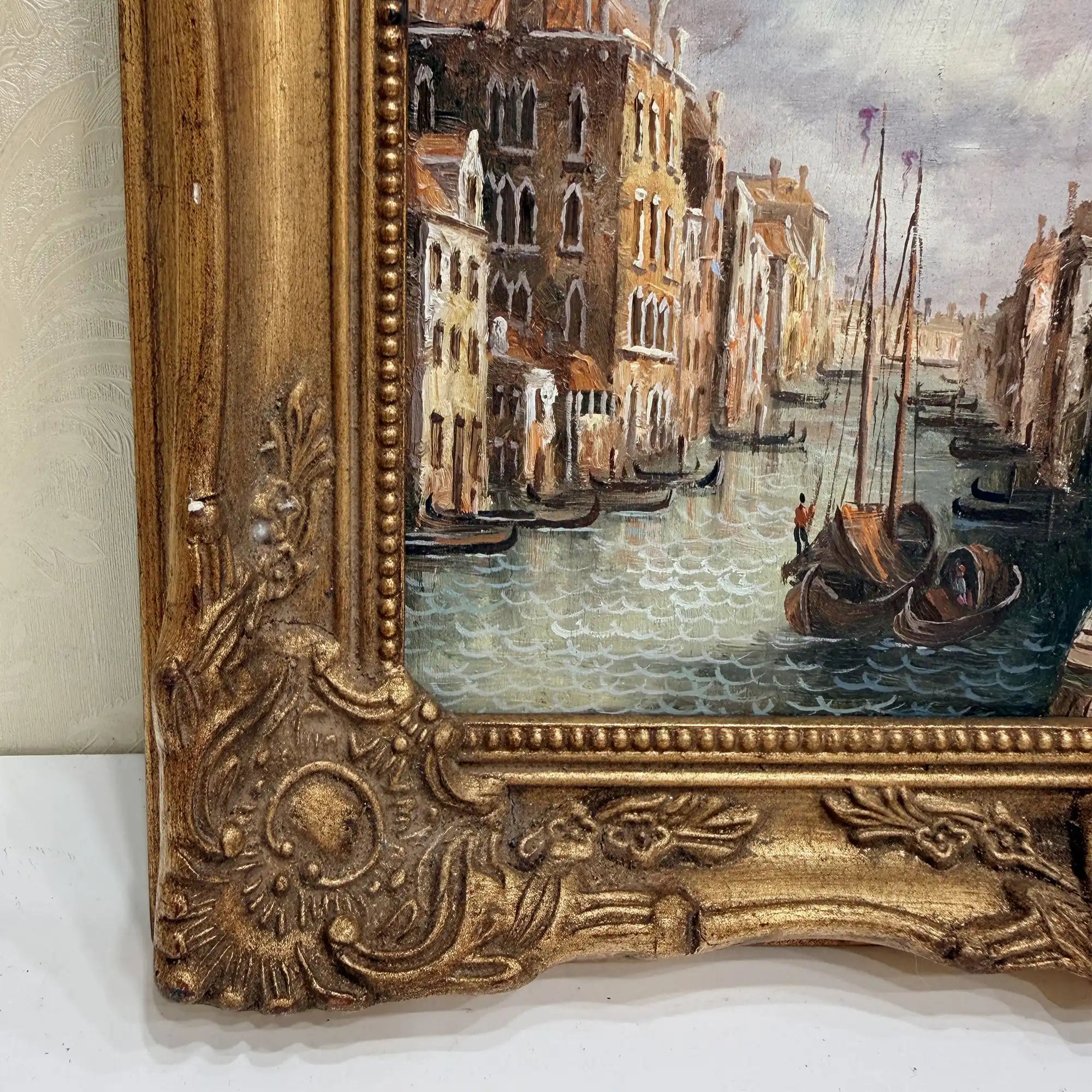 Boats on a Venetian Canal Oil Painting | Gondolas & Historic Buildings | Gold Gesso Frame | circa 1985 | 7.9×9.8in - Vintage Oil Painting - Arden Gallery