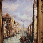 Boats on a Venetian Canal Oil Painting | Gondolas & Historic Buildings | Gold Gesso Frame | circa 1985 | 7.9×9.8in - Vintage Oil Painting - Arden Gallery