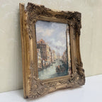 Boats on a Venetian Canal Oil Painting | Gondolas & Historic Buildings | Gold Gesso Frame | circa 1985 | 7.9×9.8in - Vintage Oil Painting - Arden Gallery