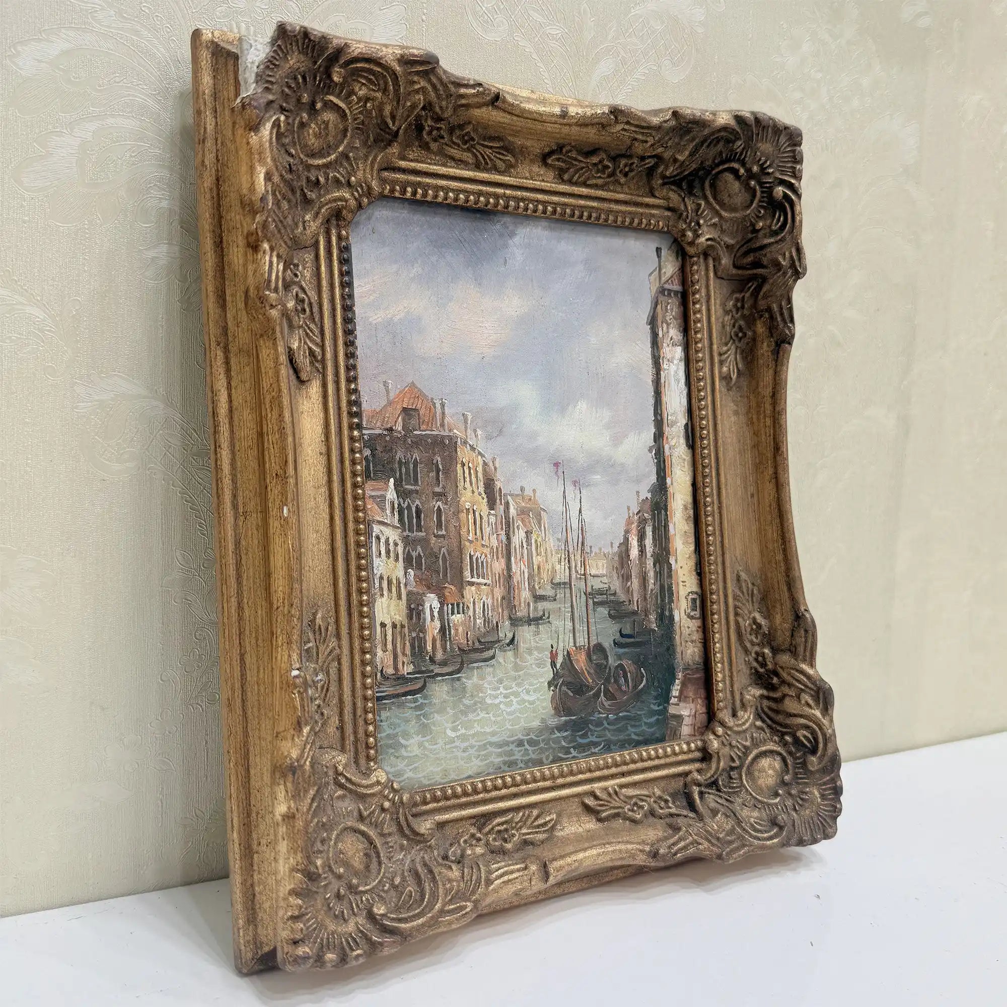 Boats on a Venetian Canal Oil Painting | Gondolas & Historic Buildings | Gold Gesso Frame | circa 1985 | 7.9×9.8in - Vintage Oil Painting - Arden Gallery