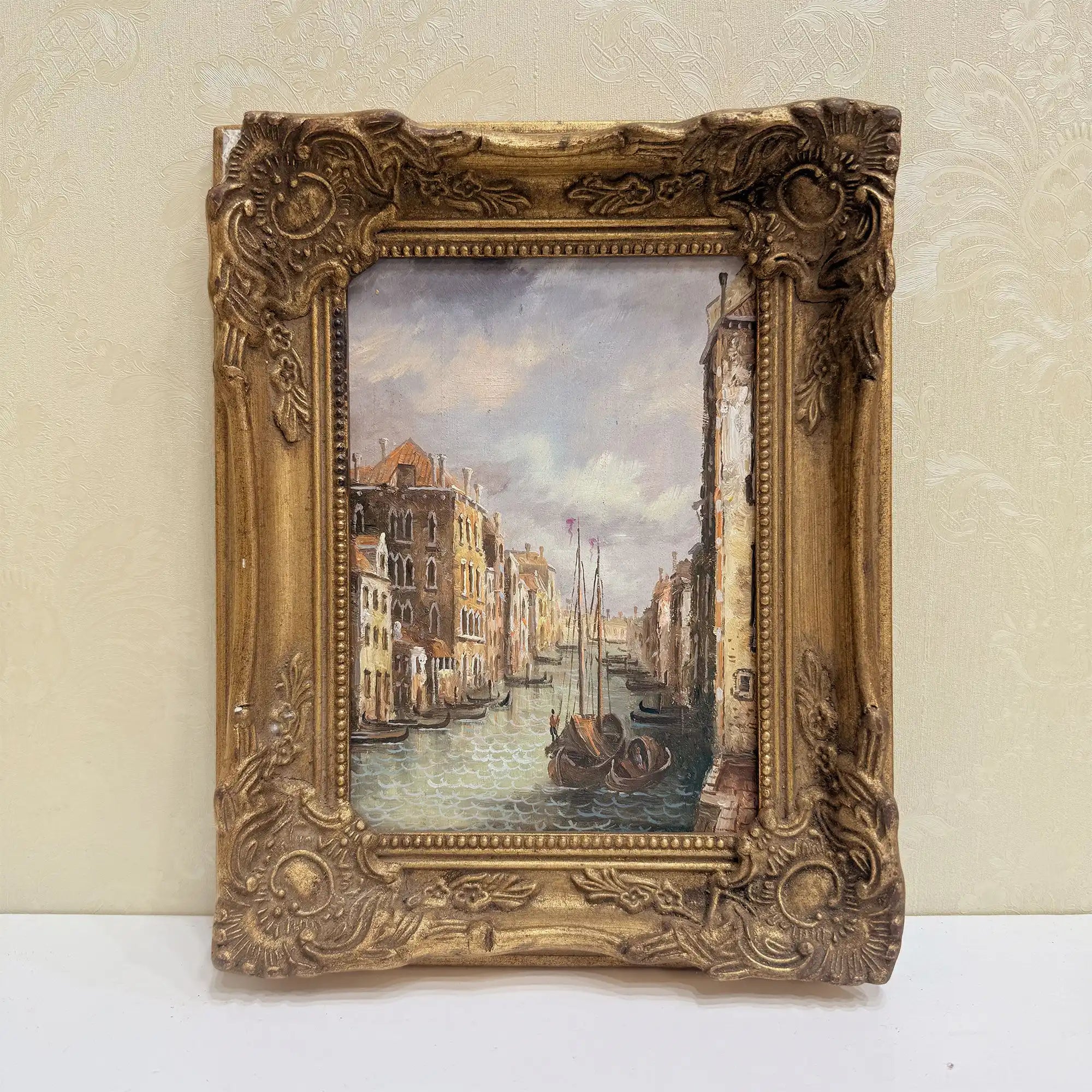 Boats on a Venetian Canal Oil Painting | Gondolas & Historic Buildings | Gold Gesso Frame | circa 1985 | 7.9×9.8in - Vintage Oil Painting - Arden Gallery