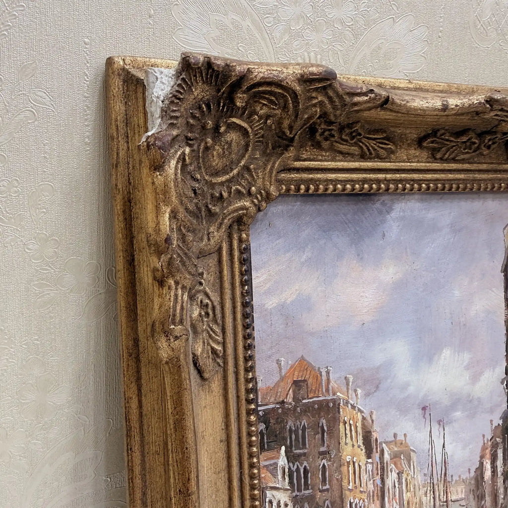 Boats on a Venetian Canal Oil Painting | Gondolas & Historic Buildings | Gold Gesso Frame | circa 1985 | 7.9×9.8in - Vintage Oil Painting - Arden Gallery