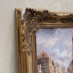 Boats on a Venetian Canal Oil Painting | Gondolas & Historic Buildings | Gold Gesso Frame | circa 1985 | 7.9×9.8in - Vintage Oil Painting - Arden Gallery