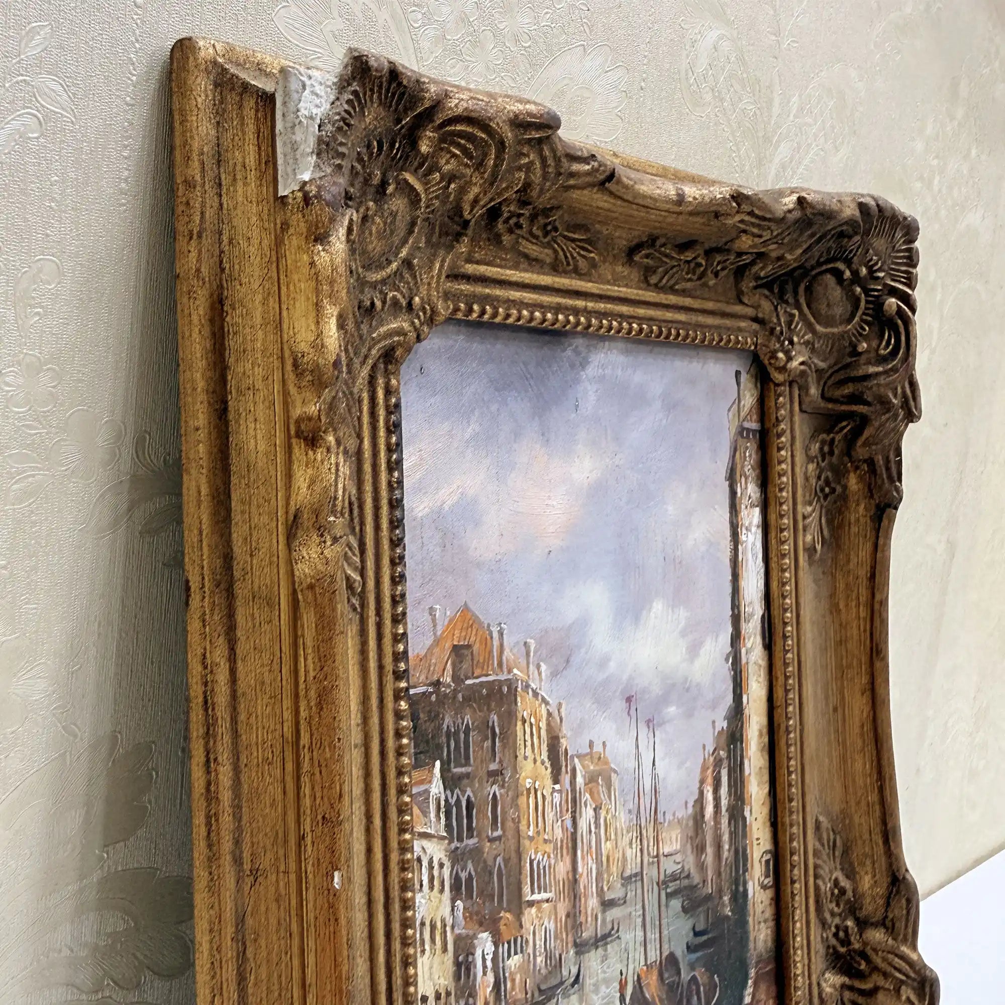 Boats on a Venetian Canal Oil Painting | Gondolas & Historic Buildings | Gold Gesso Frame | circa 1985 | 7.9×9.8in - Vintage Oil Painting - Arden Gallery