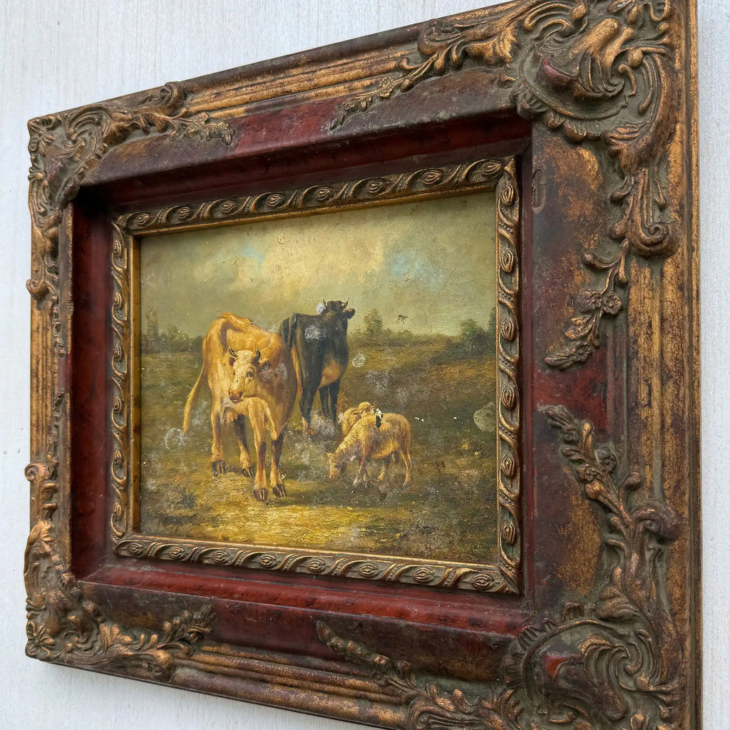 Cattle & Sheep in Pasture Oil Painting | Signed | Cow with Calf | Bronze-Gold Frame | Mid-20th C. | 15×13in - Vintage Oil Painting - Arden Gallery