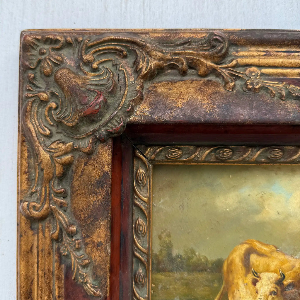 Cattle & Sheep in Pasture Oil Painting | Signed | Cow with Calf | Bronze-Gold Frame | Mid-20th C. | 15×13in - Vintage Oil Painting - Arden Gallery