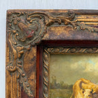 Cattle & Sheep in Pasture Oil Painting | Signed | Cow with Calf | Bronze-Gold Frame | Mid-20th C. | 15×13in - Vintage Oil Painting - Arden Gallery