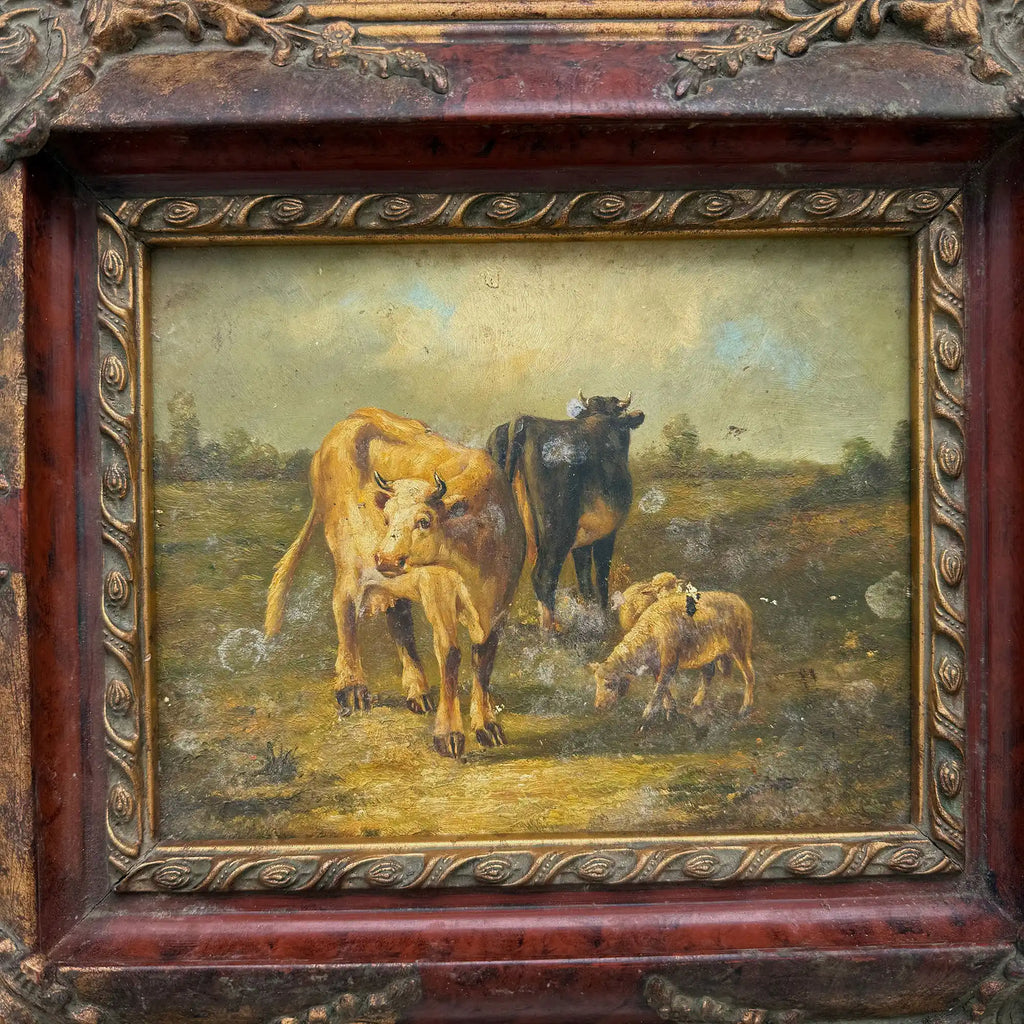 Cattle & Sheep in Pasture Oil Painting | Signed | Cow with Calf | Bronze-Gold Frame | Mid-20th C. | 15×13in - Vintage Oil Painting - Arden Gallery