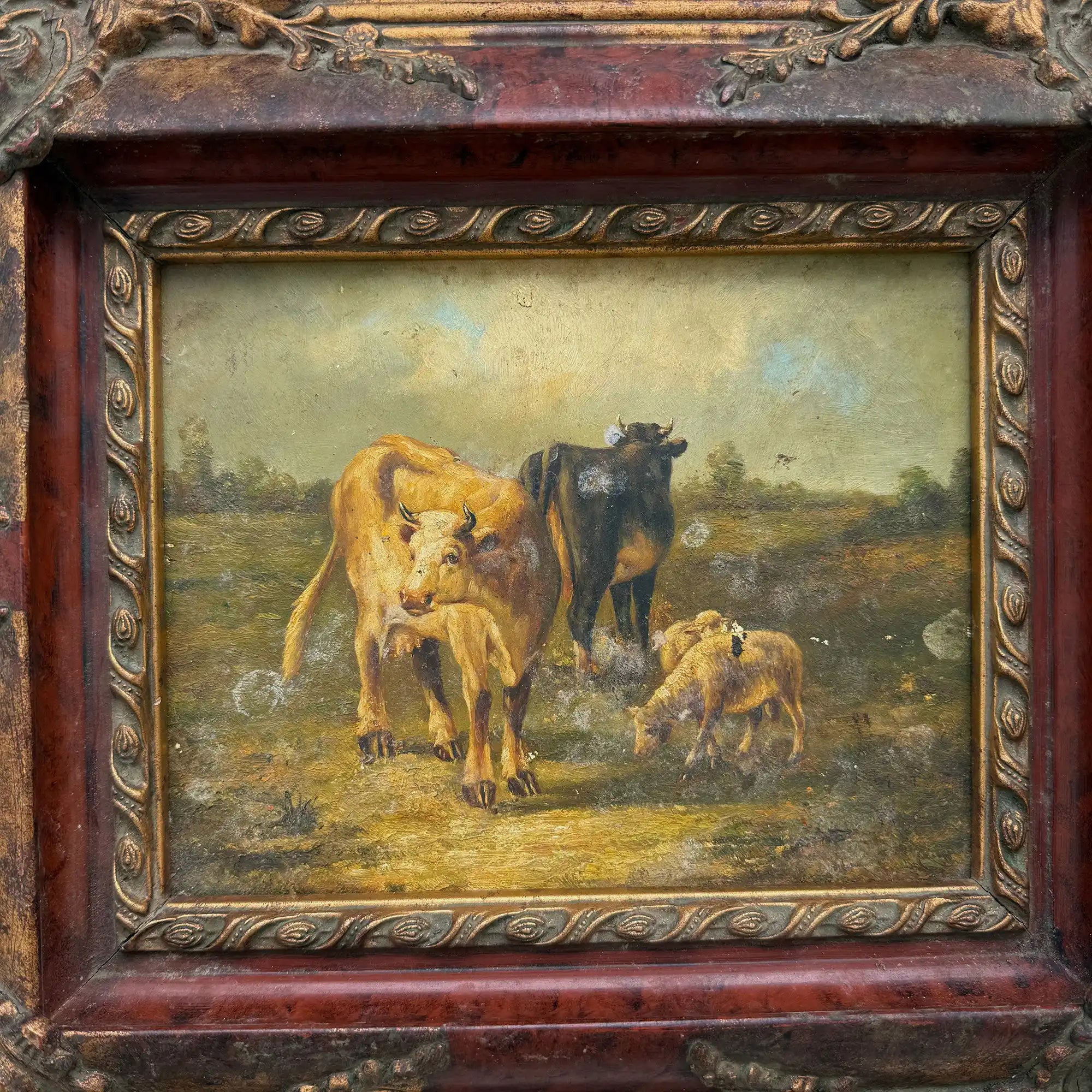 Cattle & Sheep in Pasture Oil Painting | Signed | Cow with Calf | Bronze-Gold Frame | Mid-20th C. | 15×13in - Vintage Oil Painting - Arden Gallery