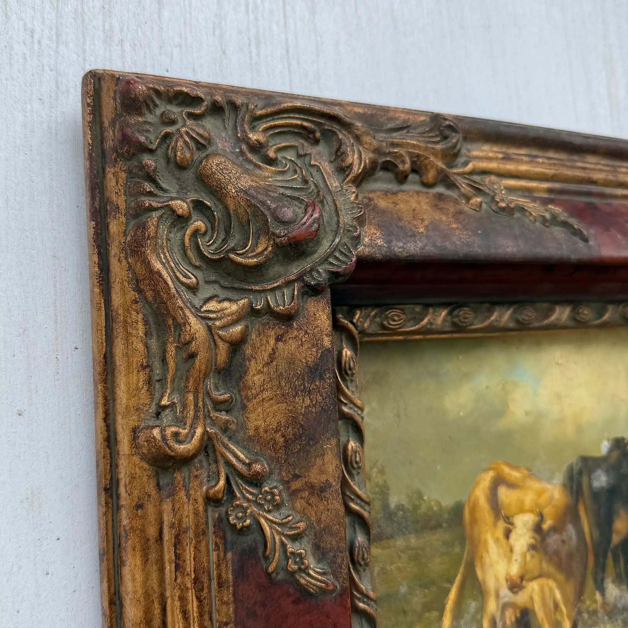 Cattle & Sheep in Pasture Oil Painting | Signed | Cow with Calf | Bronze-Gold Frame | Mid-20th C. | 15×13in - Vintage Oil Painting - Arden Gallery
