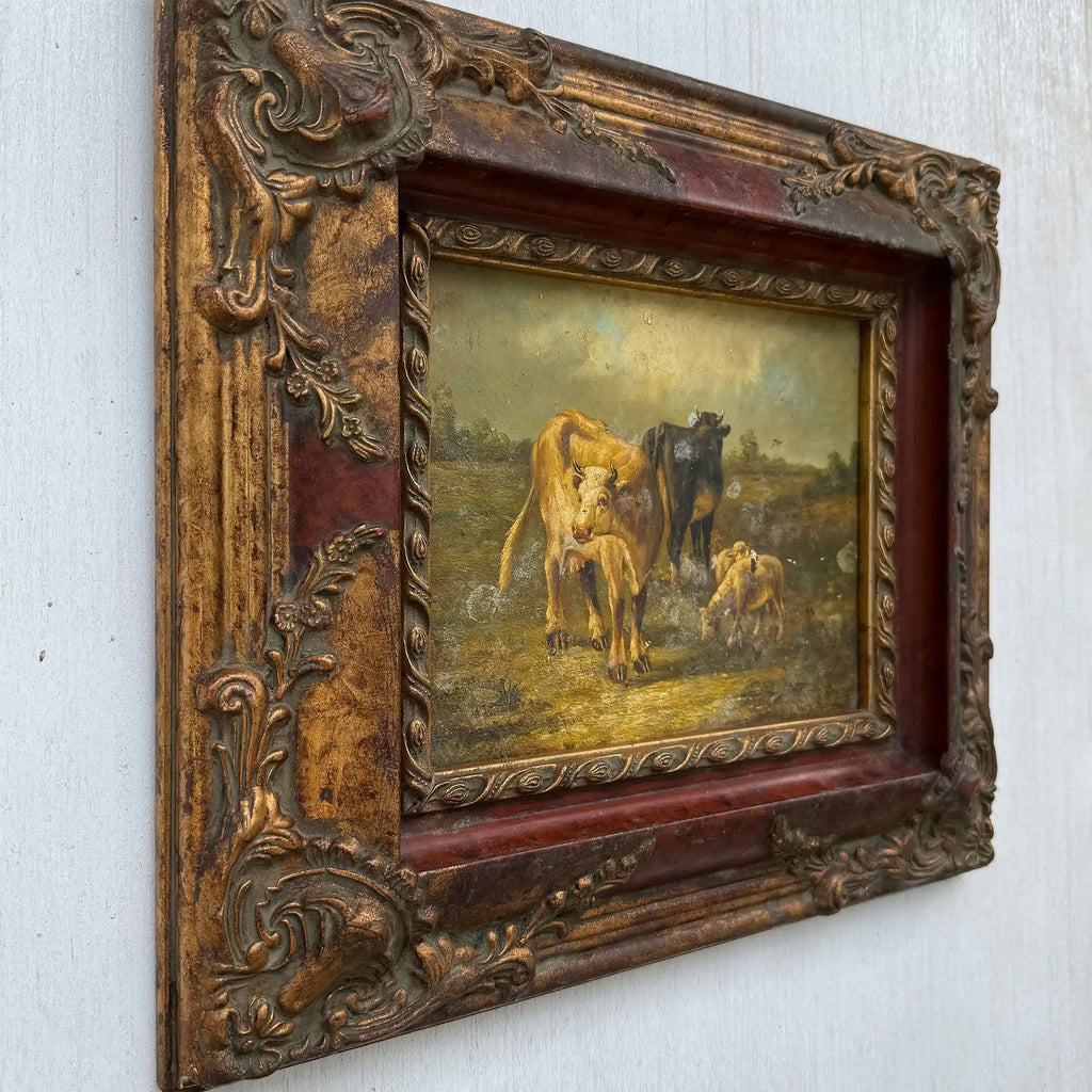 Cattle & Sheep in Pasture Oil Painting | Signed | Cow with Calf | Bronze-Gold Frame | Mid-20th C. | 15×13in - Vintage Oil Painting - Arden Gallery