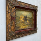 Cattle & Sheep in Pasture Oil Painting | Signed | Cow with Calf | Bronze-Gold Frame | Mid-20th C. | 15×13in - Vintage Oil Painting - Arden Gallery