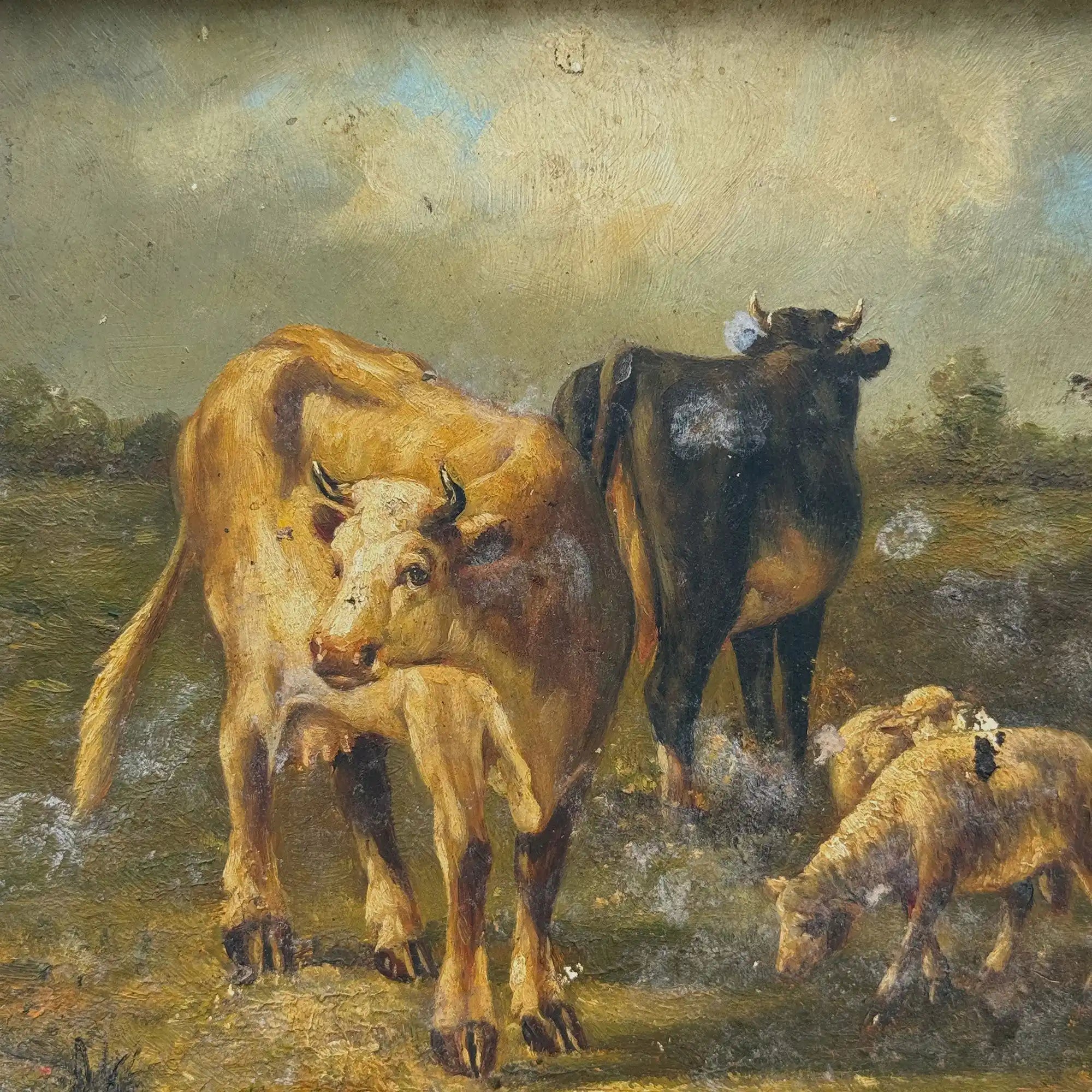 Cattle & Sheep in Pasture Oil Painting | Signed | Cow with Calf | Bronze-Gold Frame | Mid-20th C. | 15×13in - Vintage Oil Painting - Arden Gallery