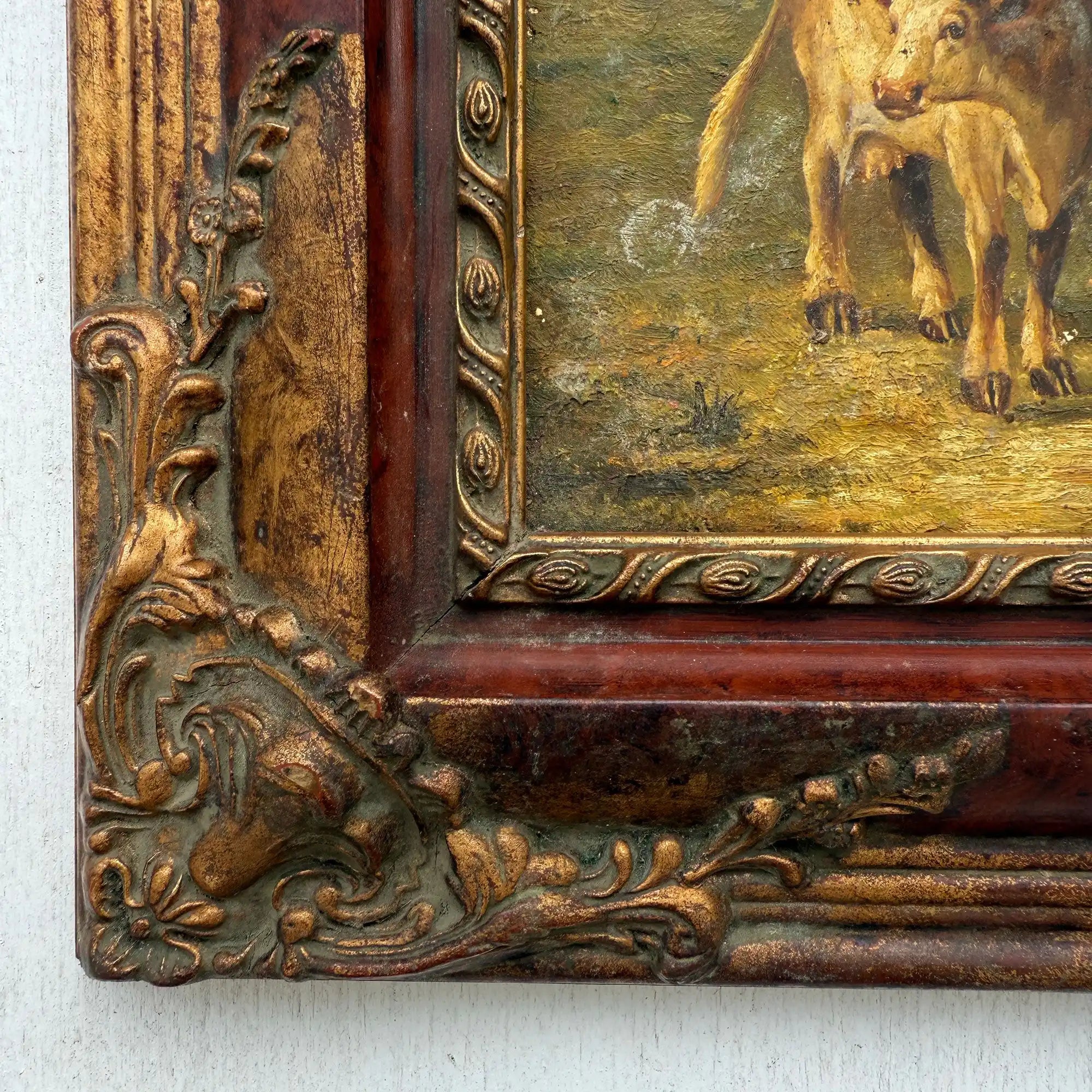 Cattle & Sheep in Pasture Oil Painting | Signed | Cow with Calf | Bronze-Gold Frame | Mid-20th C. | 15×13in - Vintage Oil Painting - Arden Gallery