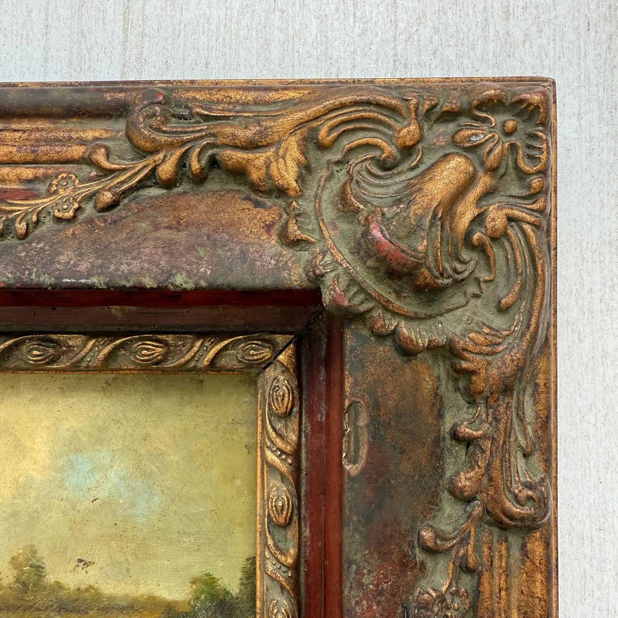 Cattle & Sheep in Pasture Oil Painting | Signed | Cow with Calf | Bronze-Gold Frame | Mid-20th C. | 15×13in - Vintage Oil Painting - Arden Gallery
