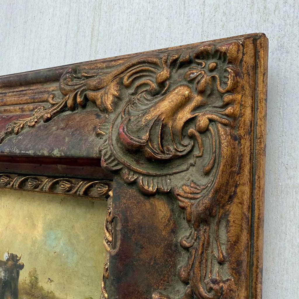 Cattle & Sheep in Pasture Oil Painting | Signed | Cow with Calf | Bronze-Gold Frame | Mid-20th C. | 15×13in - Vintage Oil Painting - Arden Gallery