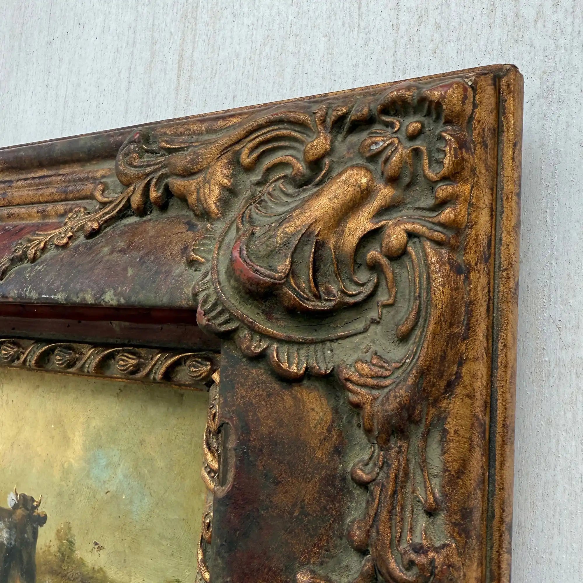 Cattle & Sheep in Pasture Oil Painting | Signed | Cow with Calf | Bronze-Gold Frame | Mid-20th C. | 15×13in - Vintage Oil Painting - Arden Gallery
