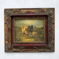 Cattle & Sheep in Pasture Oil Painting | Signed | Cow with Calf | Bronze-Gold Frame | Mid-20th C. | 15×13in - Vintage Oil Painting - Arden Gallery
