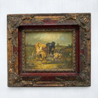 Cattle & Sheep in Pasture Oil Painting | Signed | Cow with Calf | Bronze-Gold Frame | Mid-20th C. | 15×13in - Vintage Oil Painting - Arden Gallery