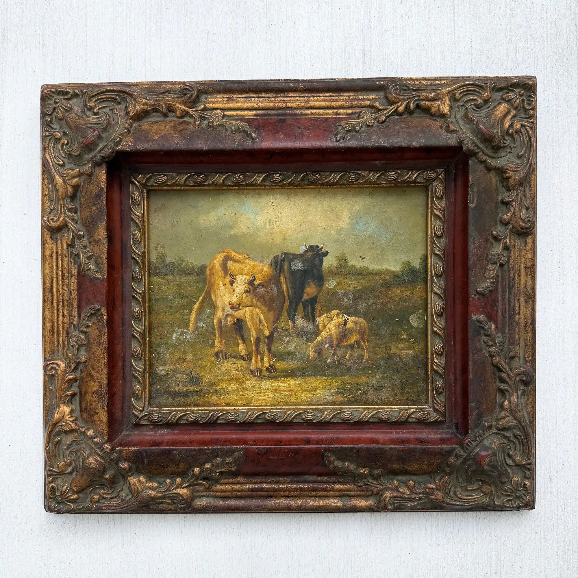 Cattle & Sheep in Pasture Oil Painting | Signed | Cow with Calf | Bronze-Gold Frame | Mid-20th C. | 15×13in - Vintage Oil Painting - Arden Gallery
