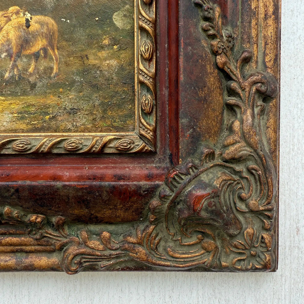 Cattle & Sheep in Pasture Oil Painting | Signed | Cow with Calf | Bronze-Gold Frame | Mid-20th C. | 15×13in - Vintage Oil Painting - Arden Gallery