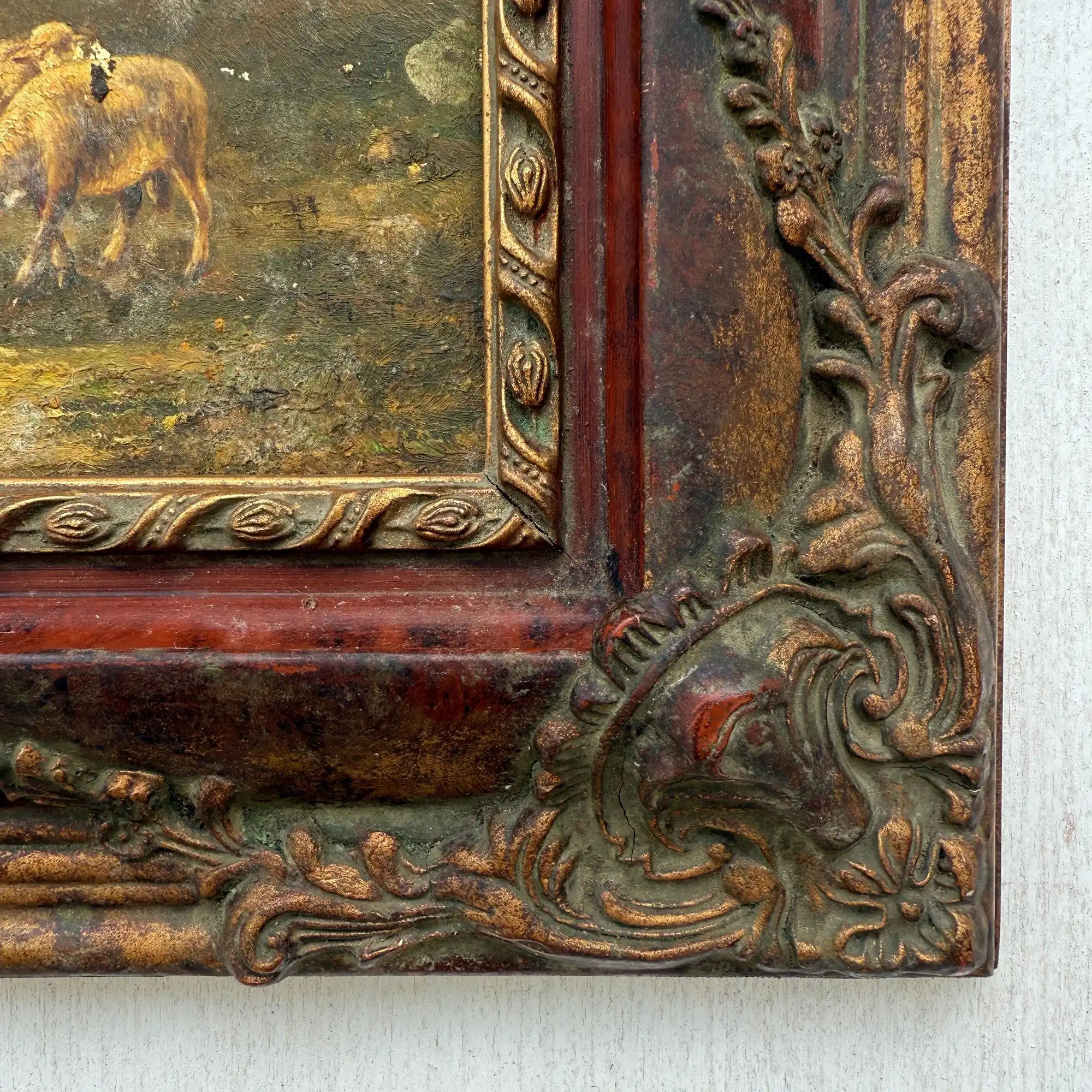 Cattle & Sheep in Pasture Oil Painting | Signed | Cow with Calf | Bronze-Gold Frame | Mid-20th C. | 15×13in - Vintage Oil Painting - Arden Gallery