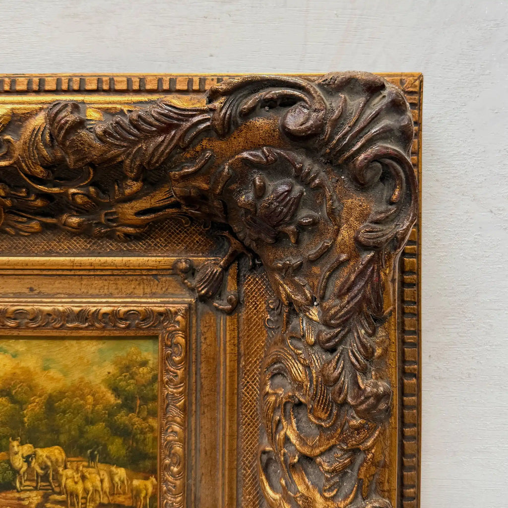 Cattle on the Woodland Path | Vintage Landscape Oil Painting | Deep Baroque Frame | circa 1955 | 17.7×16.9in - Vintage Oil Painting - Arden Gallery
