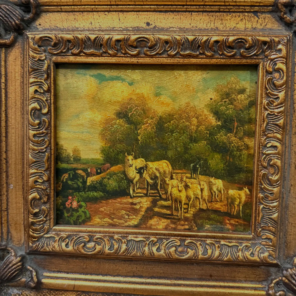 Cattle on the Woodland Path | Vintage Landscape Oil Painting | Deep Baroque Frame | circa 1955 | 17.7×16.9in - Vintage Oil Painting - Arden Gallery