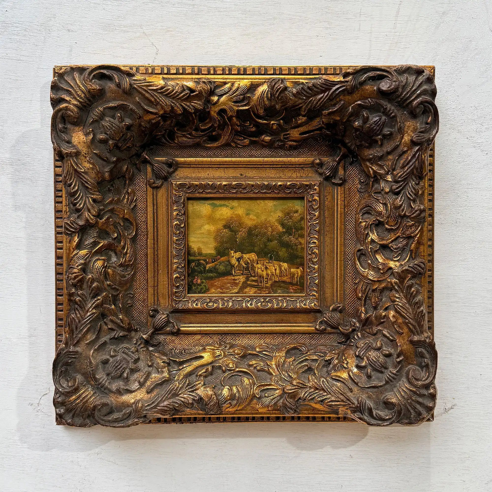Cattle on the Woodland Path | Vintage Landscape Oil Painting | Deep Baroque Frame | circa 1955 | 17.7×16.9in - Vintage Oil Painting - Arden Gallery